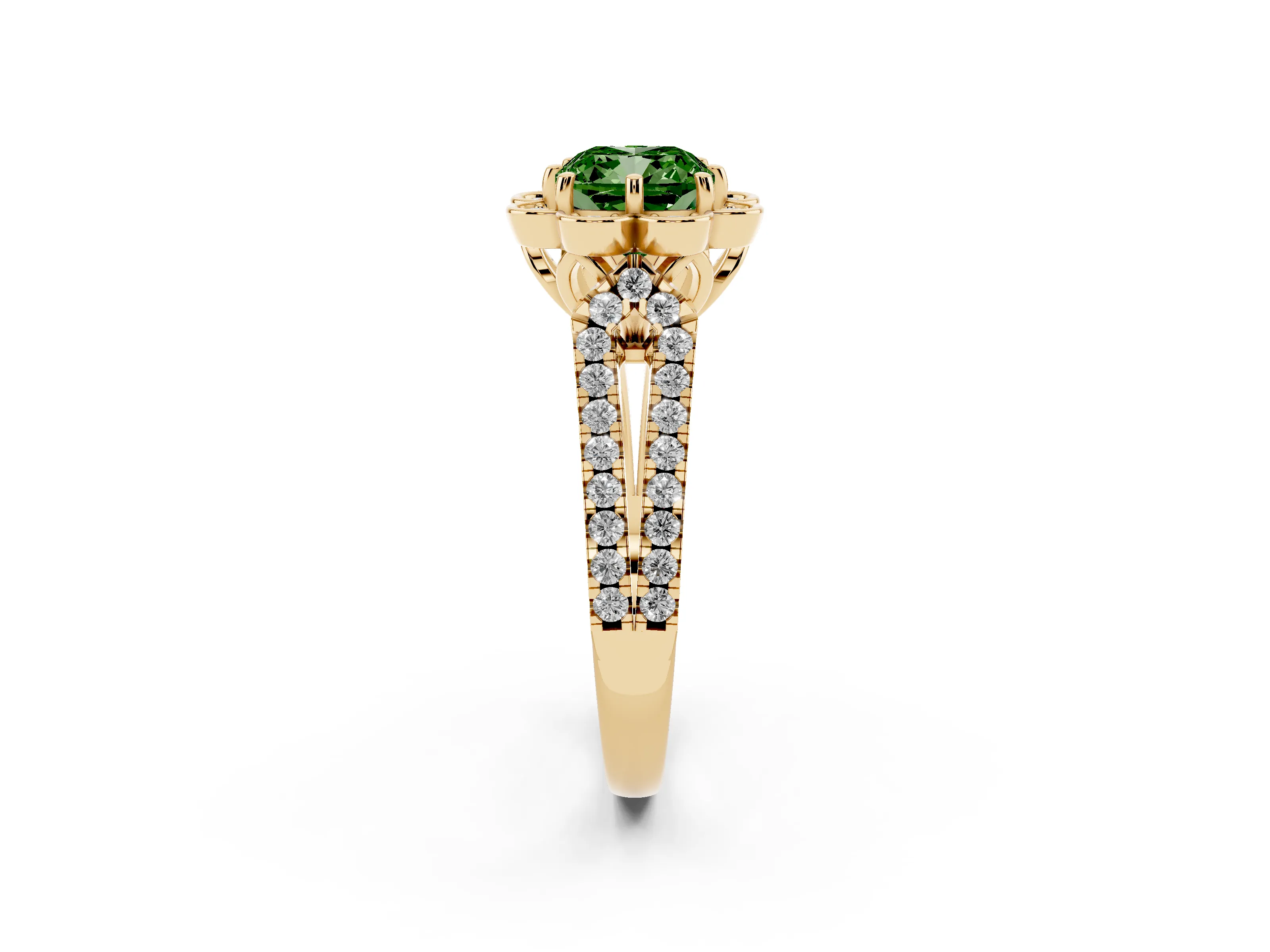 Fancy Green Cushion Cut Diamond Floral Halo Split Shank Engagement Ring Set in Yellow gold with Pavé Shank