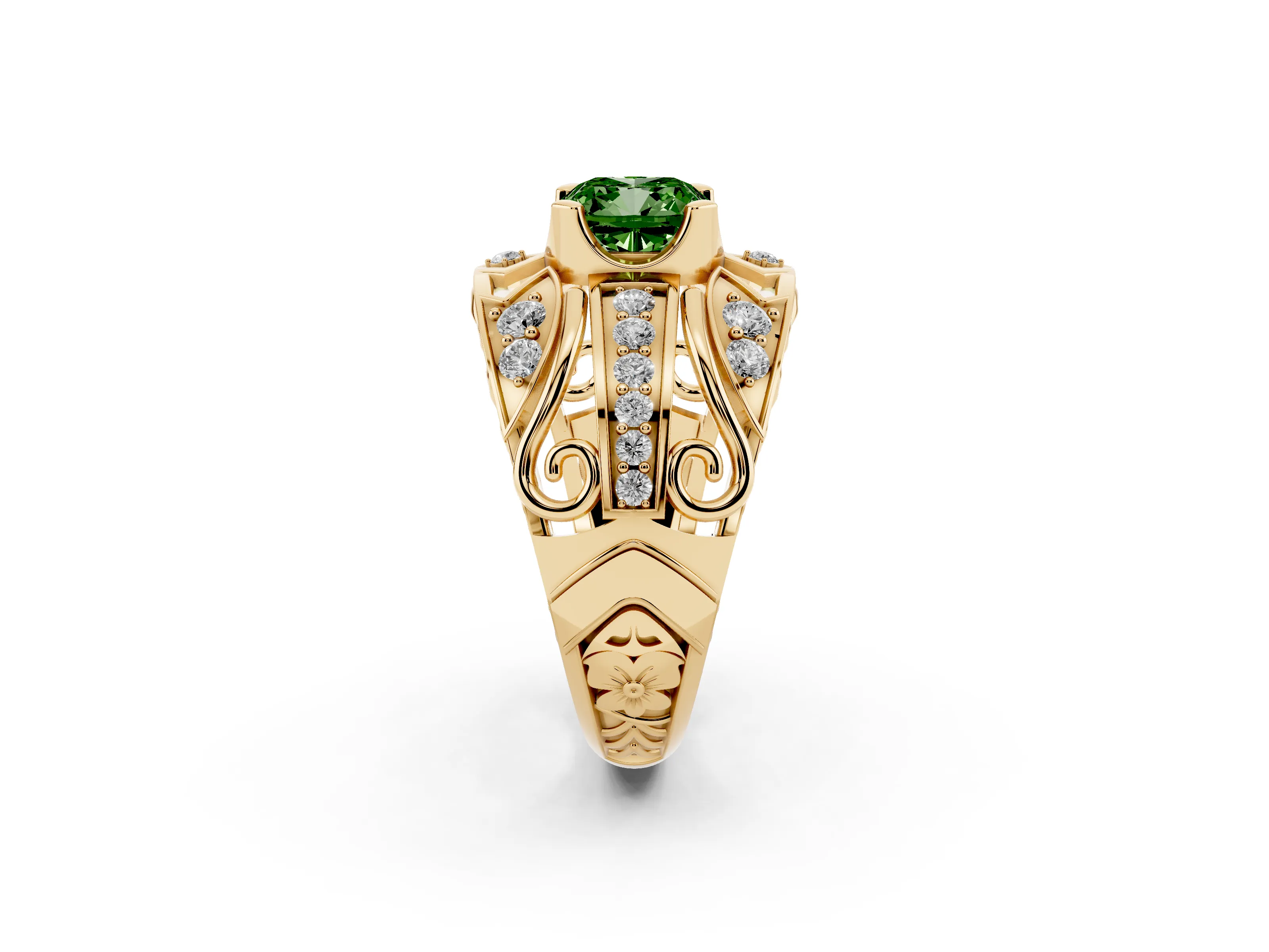 Fancy Green Cushion Cut Diamond Art Deco Ring Set in Yellow gold with Pavé Split Shank