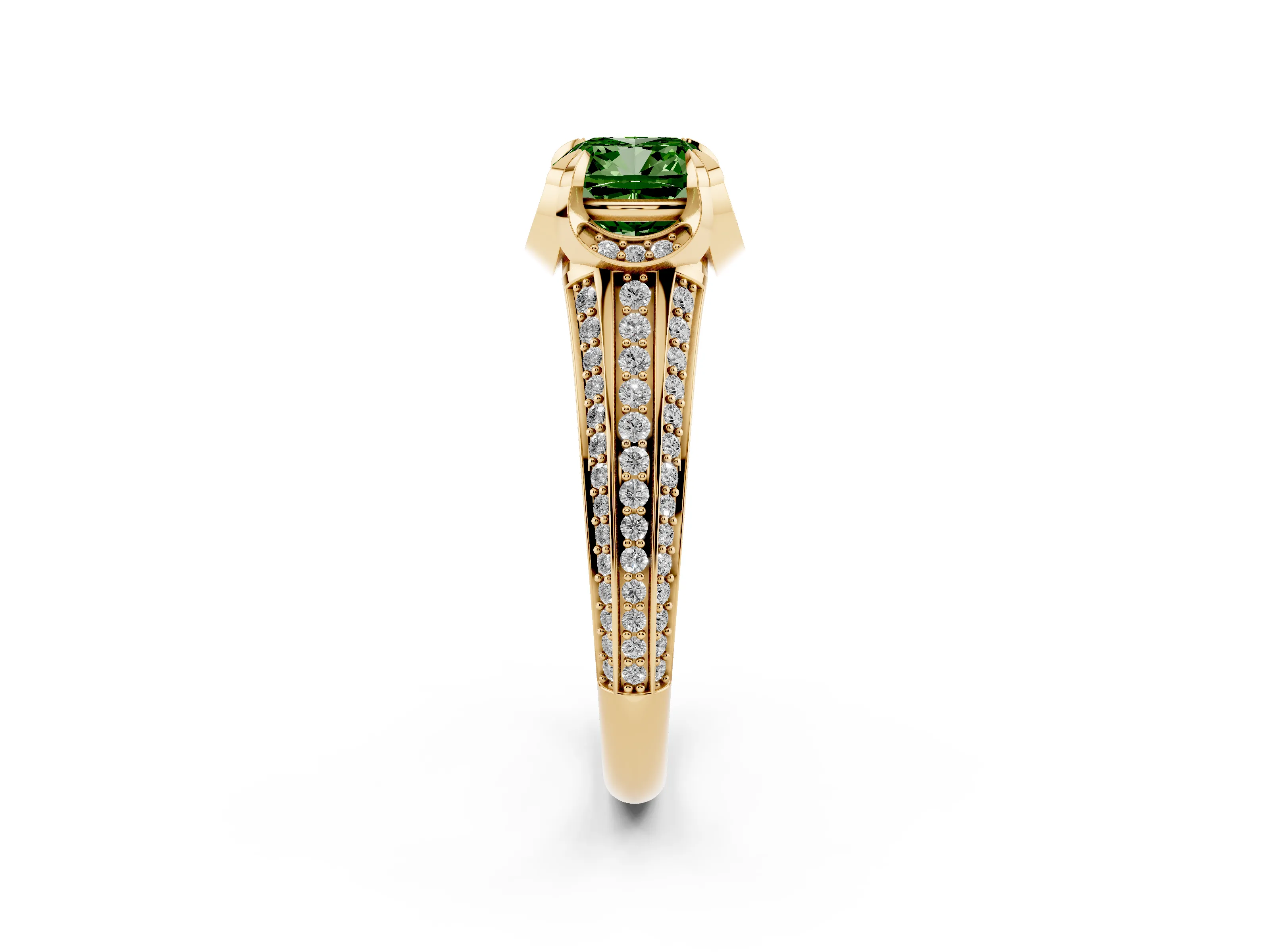 Fancy Green Cushion Cut Diamond Pavé Split Shank Solitaire Ring Set in Yellow gold with Prong Setting