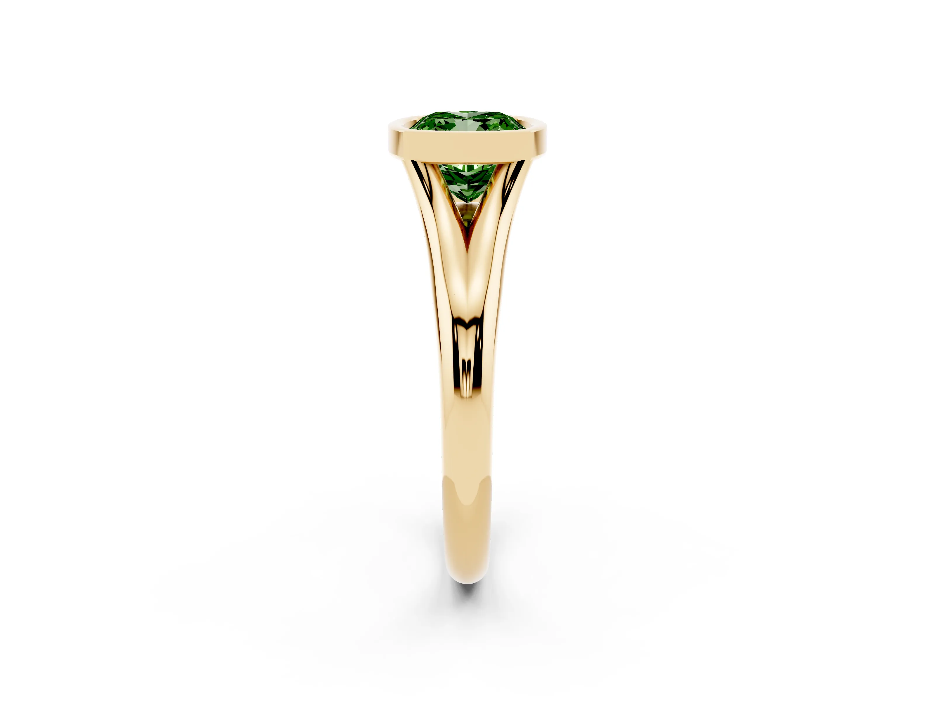 Fancy Green Bezel Set Cushion Cut Diamond Solitaire Ring Set in Yellow gold with Smooth Band