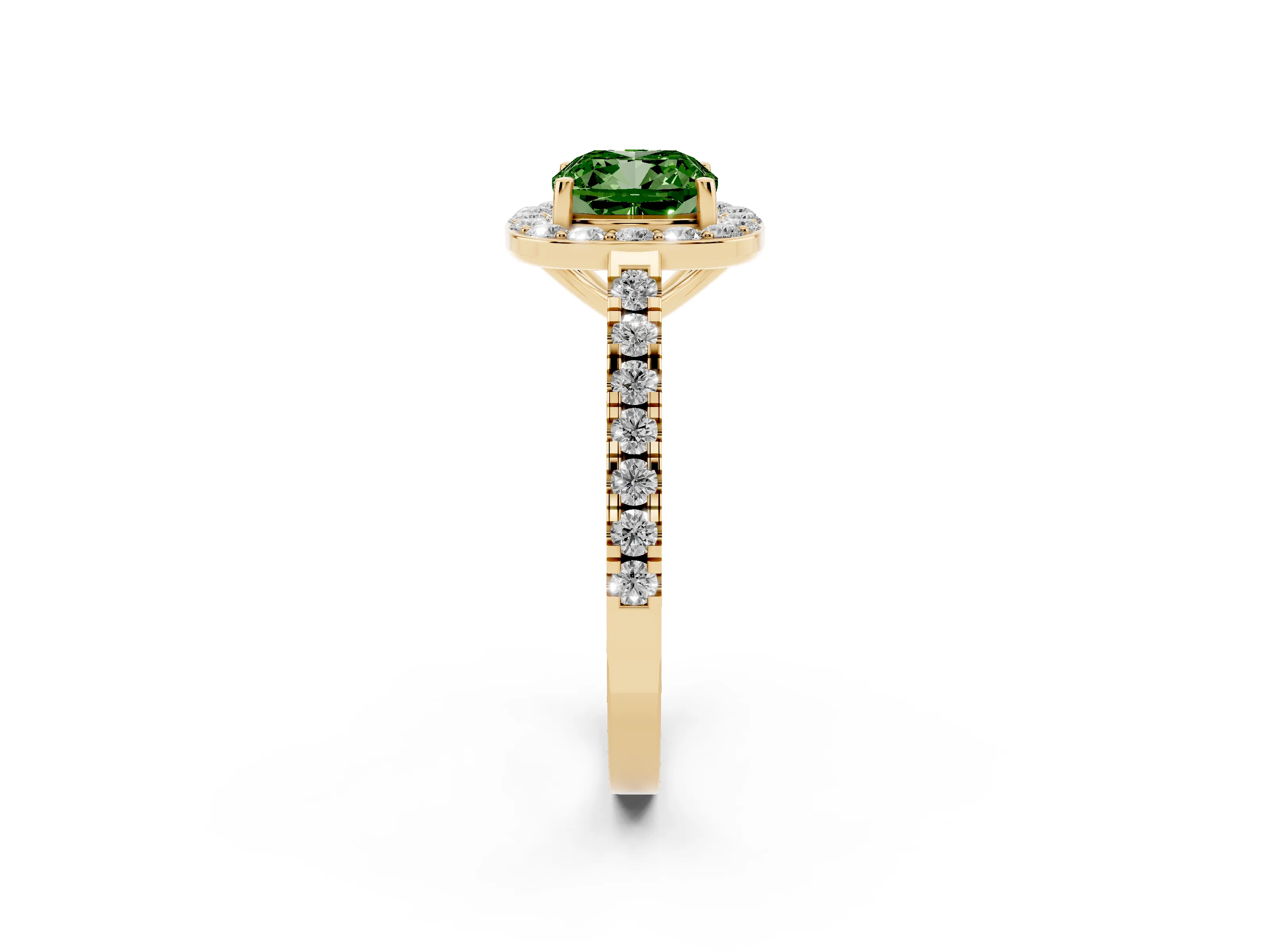 Fancy Green Cushion Cut Diamond Halo Ring Set in Yellow gold with Round Pavé Split Shank and Prong Setting