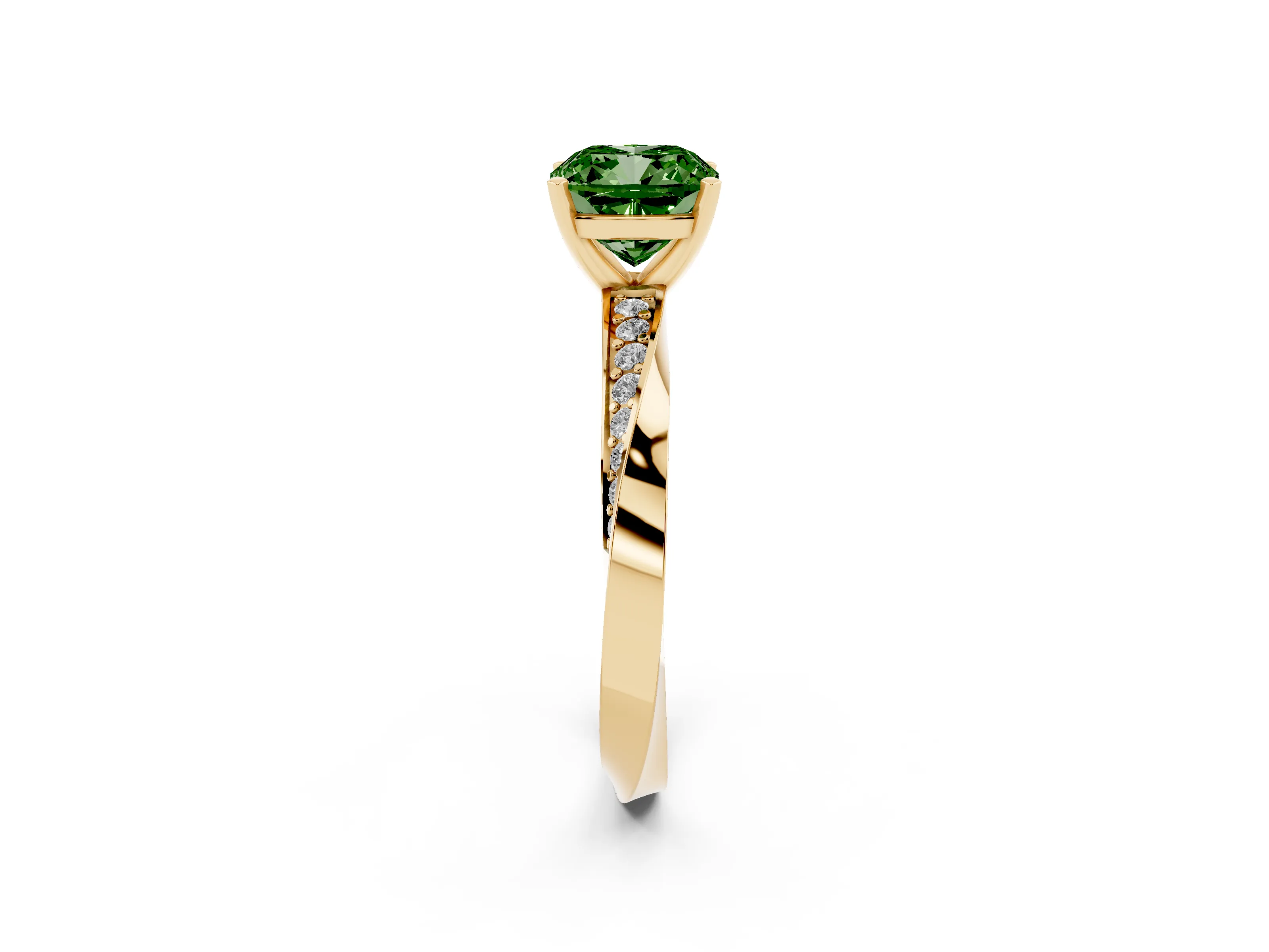 Fancy Green Cushion Cut Diamond Engagement Ring Set in Yellow gold with Side Stone Accents and Prong Setting