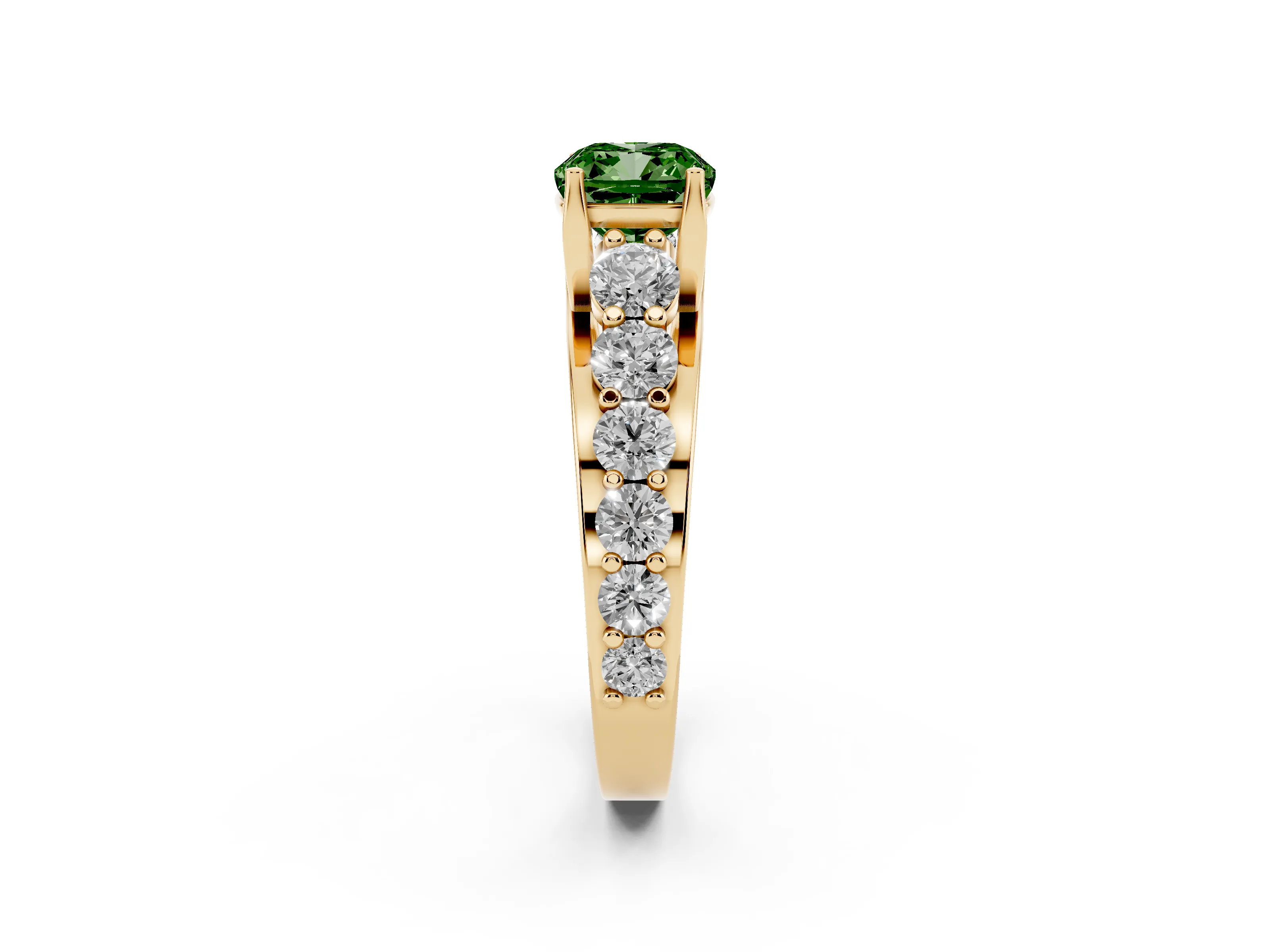 Fancy Green Cushion Cut Diamond Pavé Engagement Ring Set in Yellow gold with Prong Setting