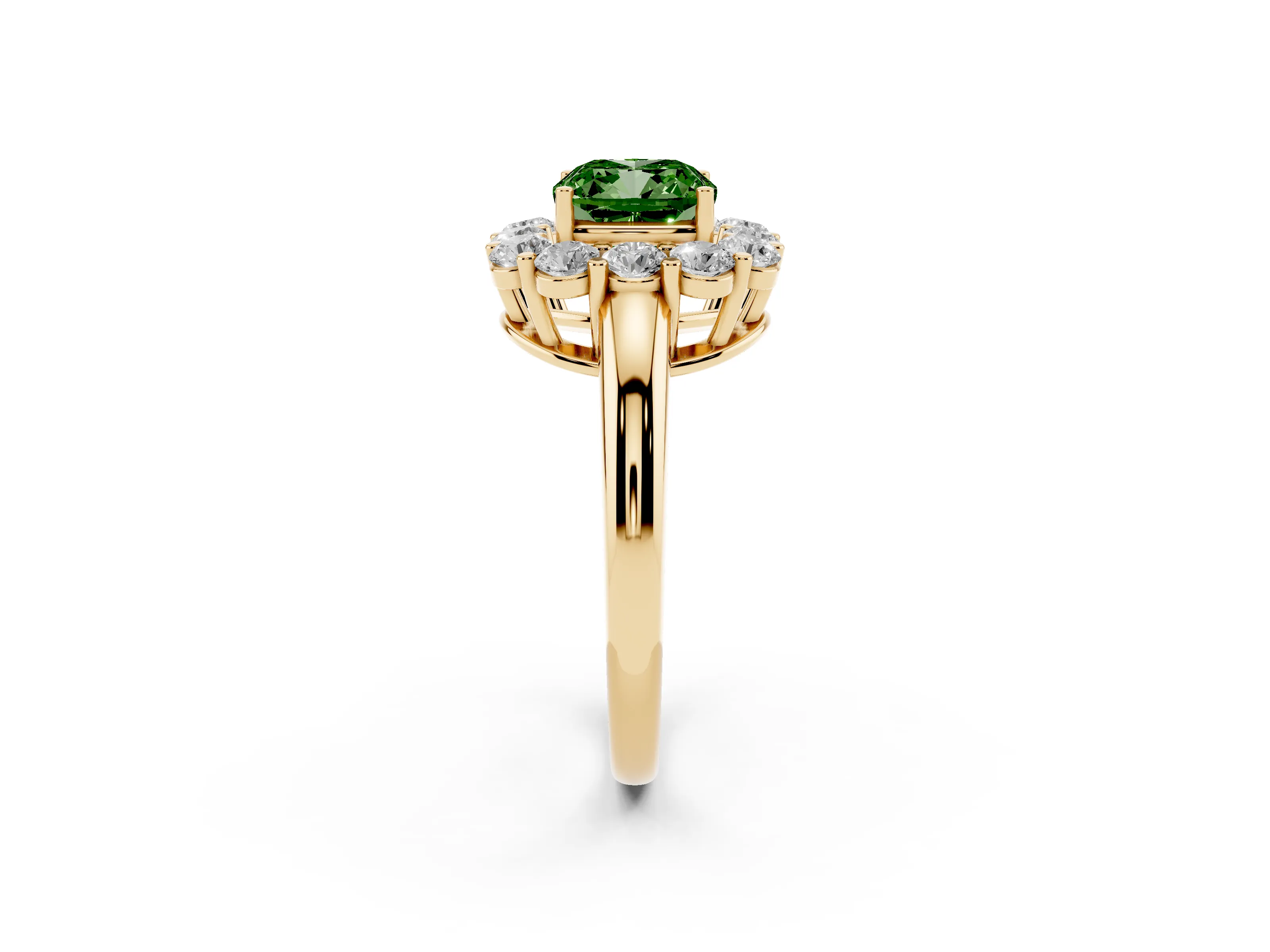 Fancy Green Cushion Cut Diamond Halo Cluster Engagement Ring Set in Yellow gold with Polished Band and Prong Setting
