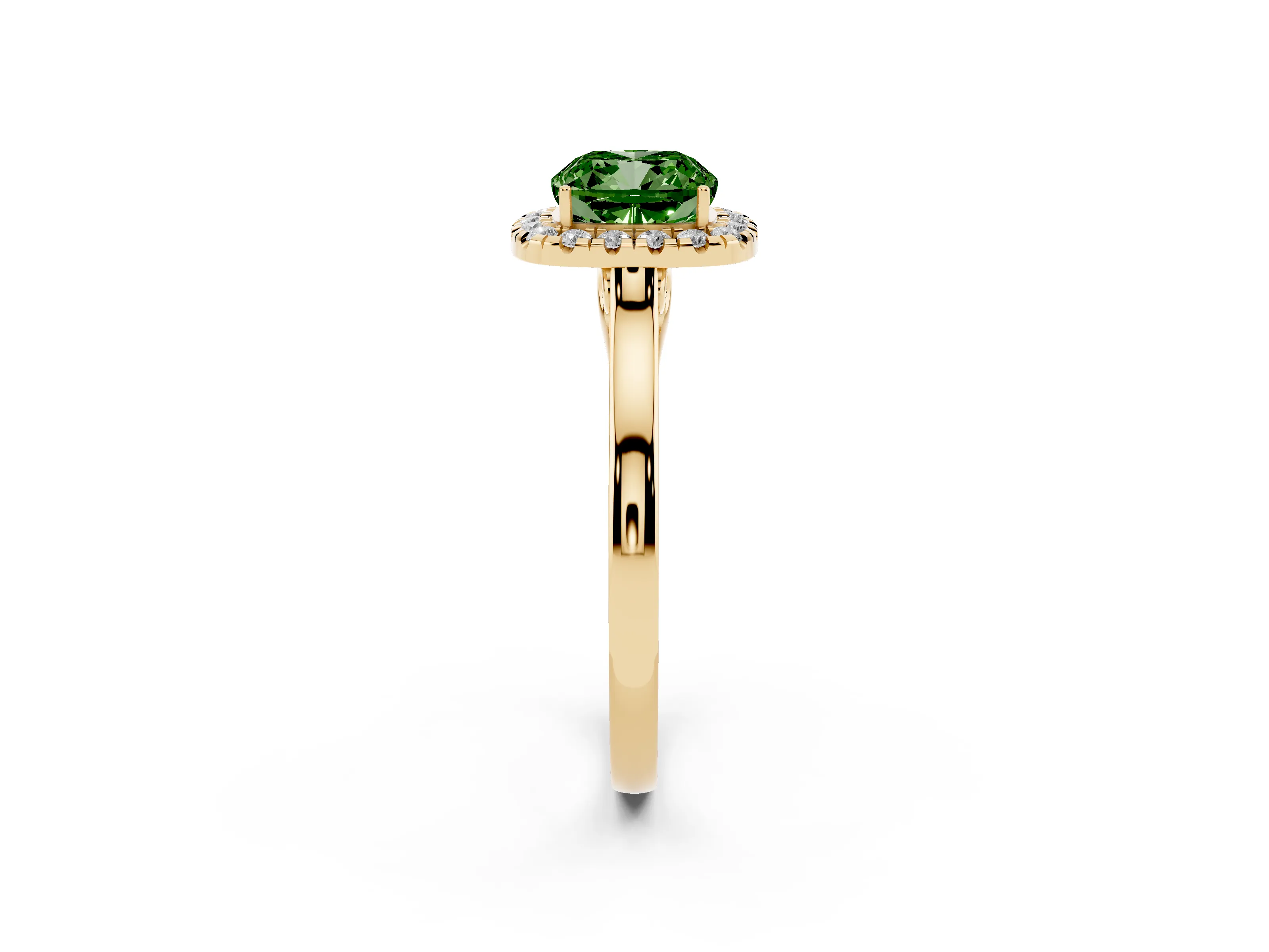 Fancy Green Cushion Cut Halo Round Diamond Solitaire Ring Set in Yellow gold with Pavé Band and Prong Setting