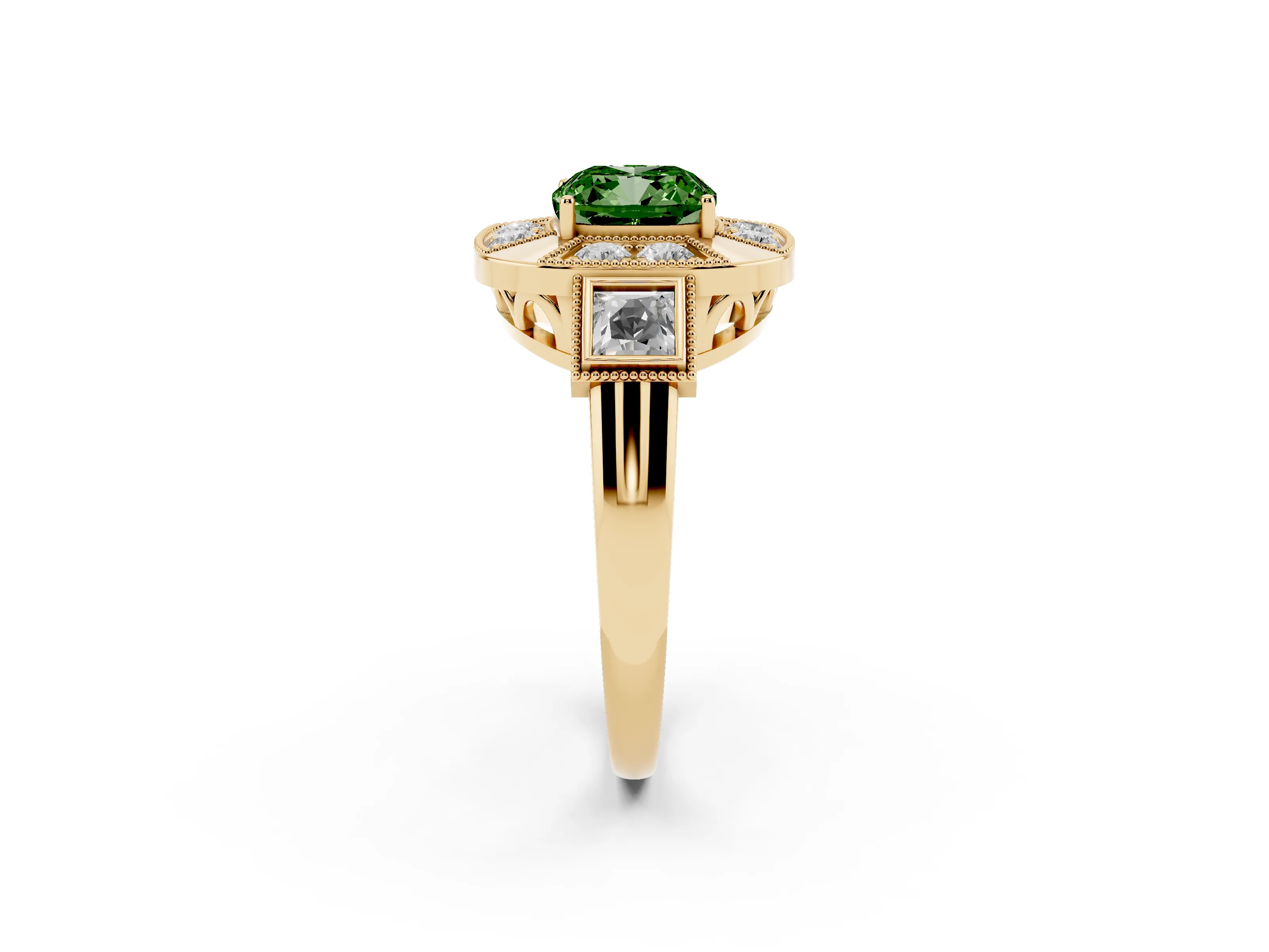 Fancy Green Cushion Cut Diamond Milgrain Halo Ring Set in Yellow gold with Split Shank