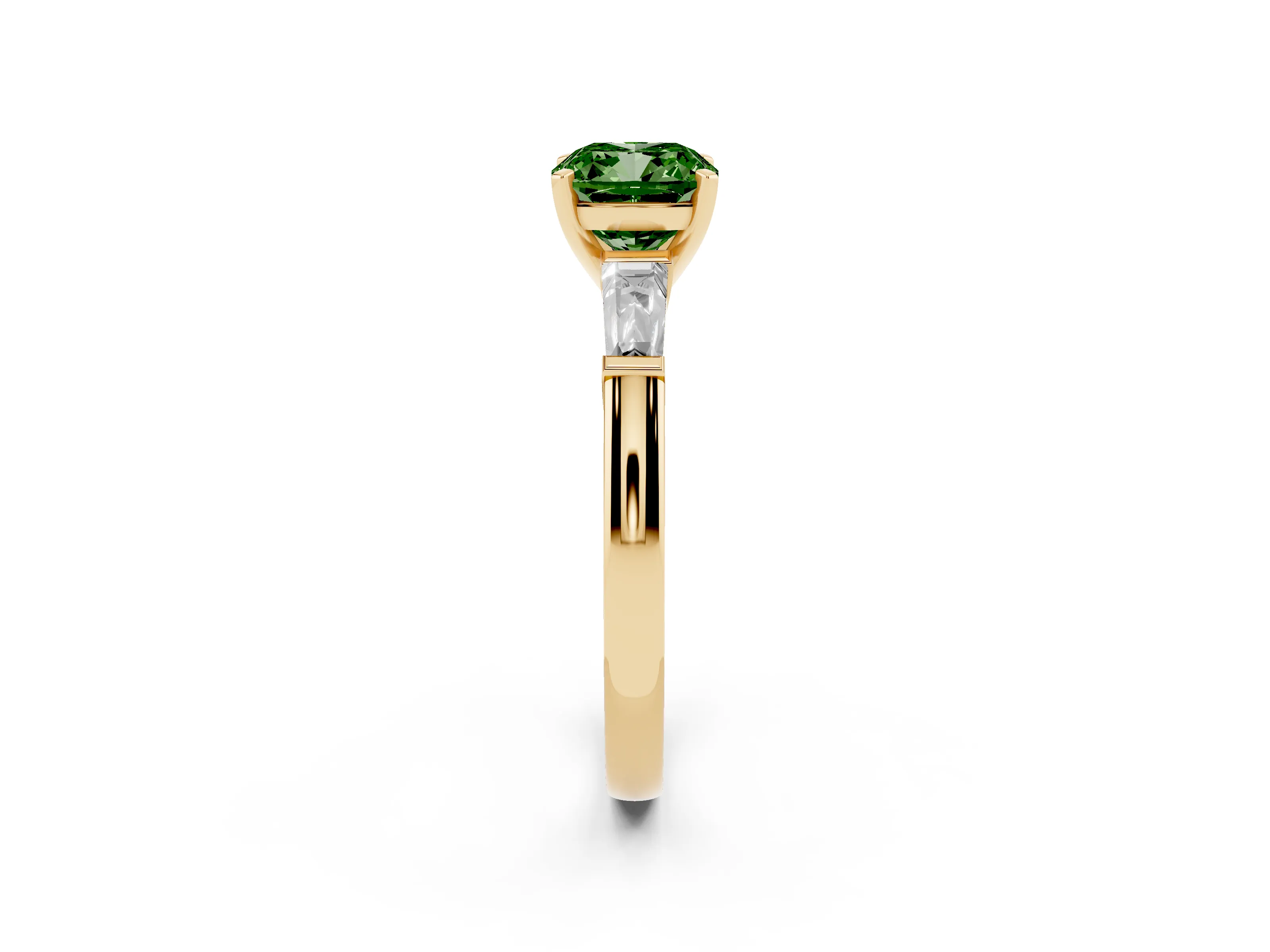 Fancy Green Cushion Cut Diamond Solitaire Ring Set in Yellow gold with Tapered Baguette Side Stones and Prong Setting