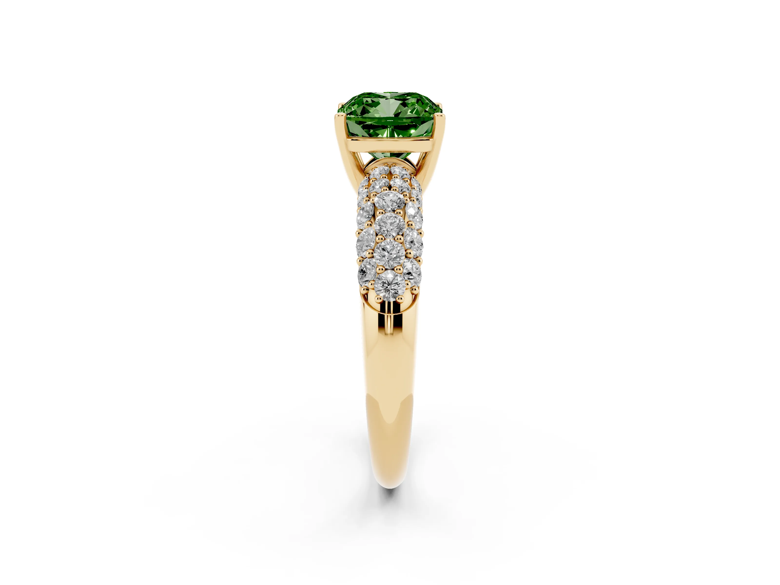 Fancy Green Cushion Cut Diamond Pavé Band Solitaire Ring Set in Yellow gold with Close-Set Accent Stones and Prong Setting