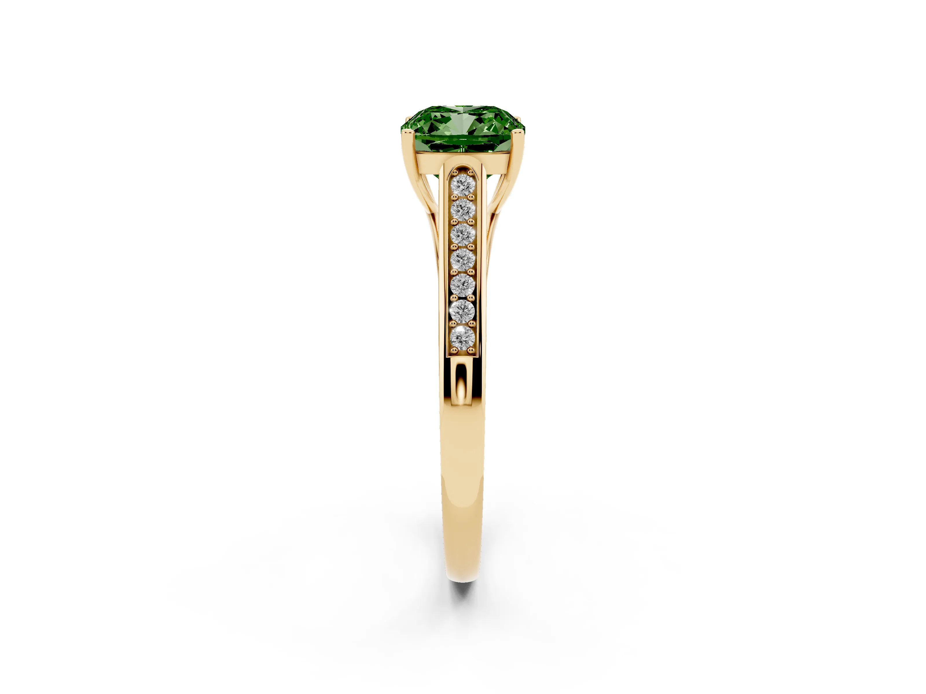 Fancy Green Cushion Cut Diamond Solitaire Cathedral Engagement Ring Set in Yellow gold with Channel-Set Band and Prong Setting