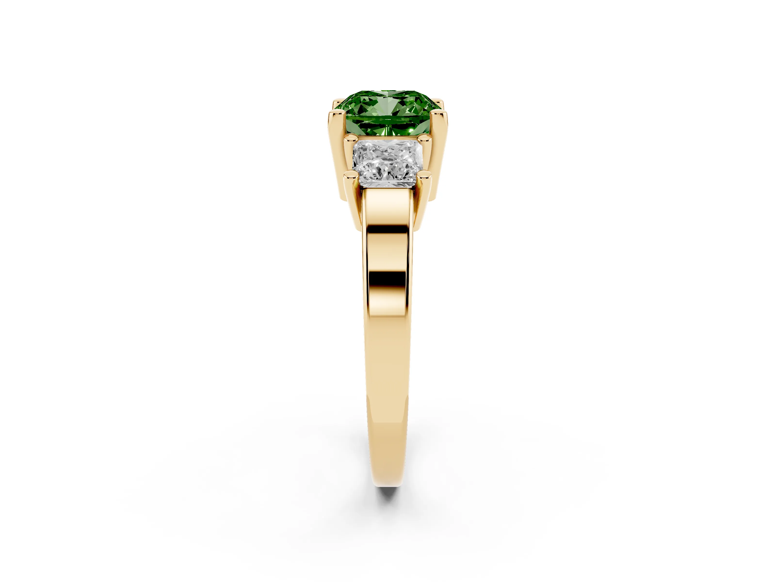 Fancy Green Three-Stone Cushion Cut Diamond Solitaire Ring Set in Yellow gold with Prong Setting