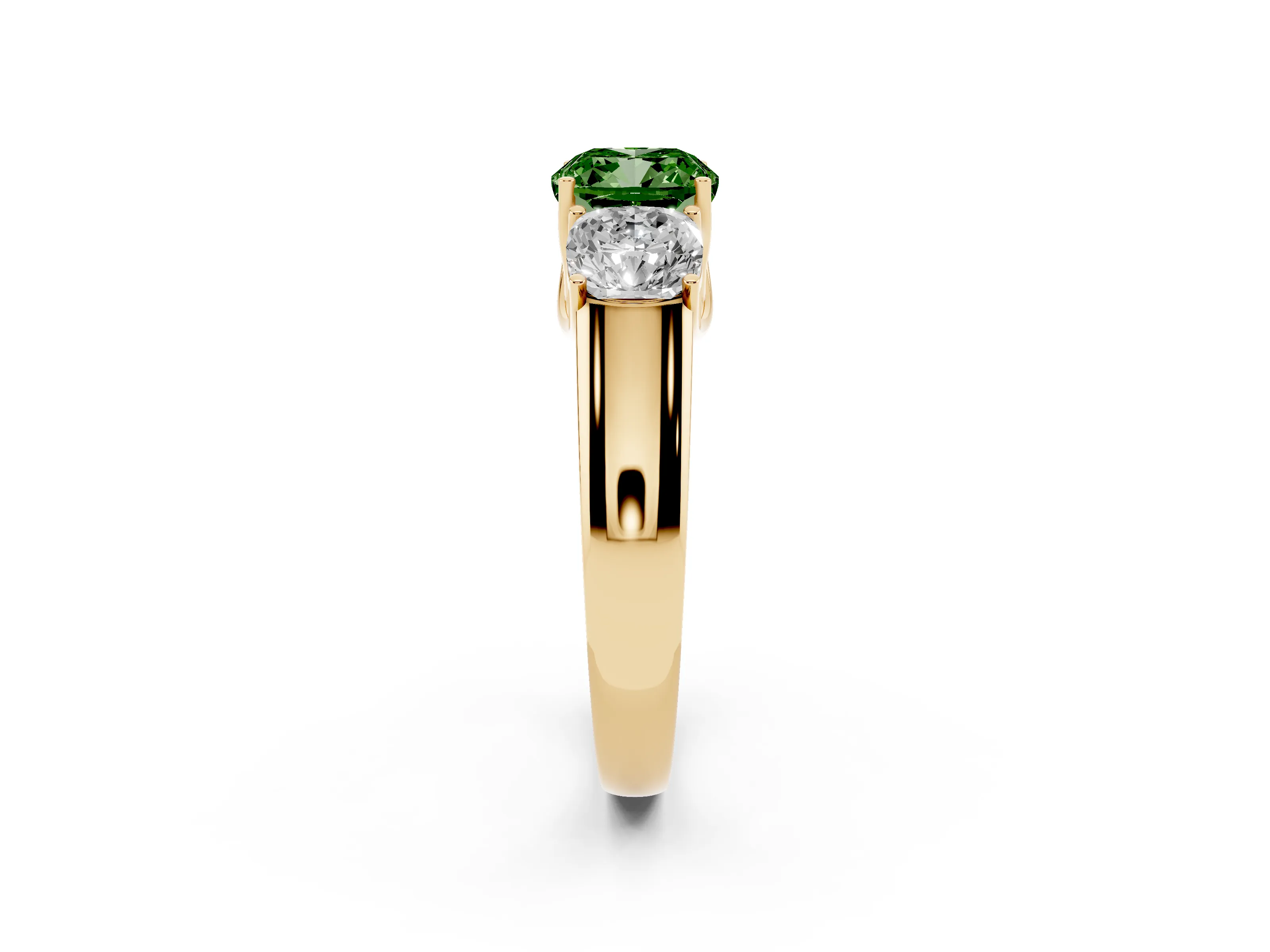 Fancy Green Three-Stone Cushion Cut Diamond Ring Set in Yellow gold with Matching Prong Settings and Plain Band