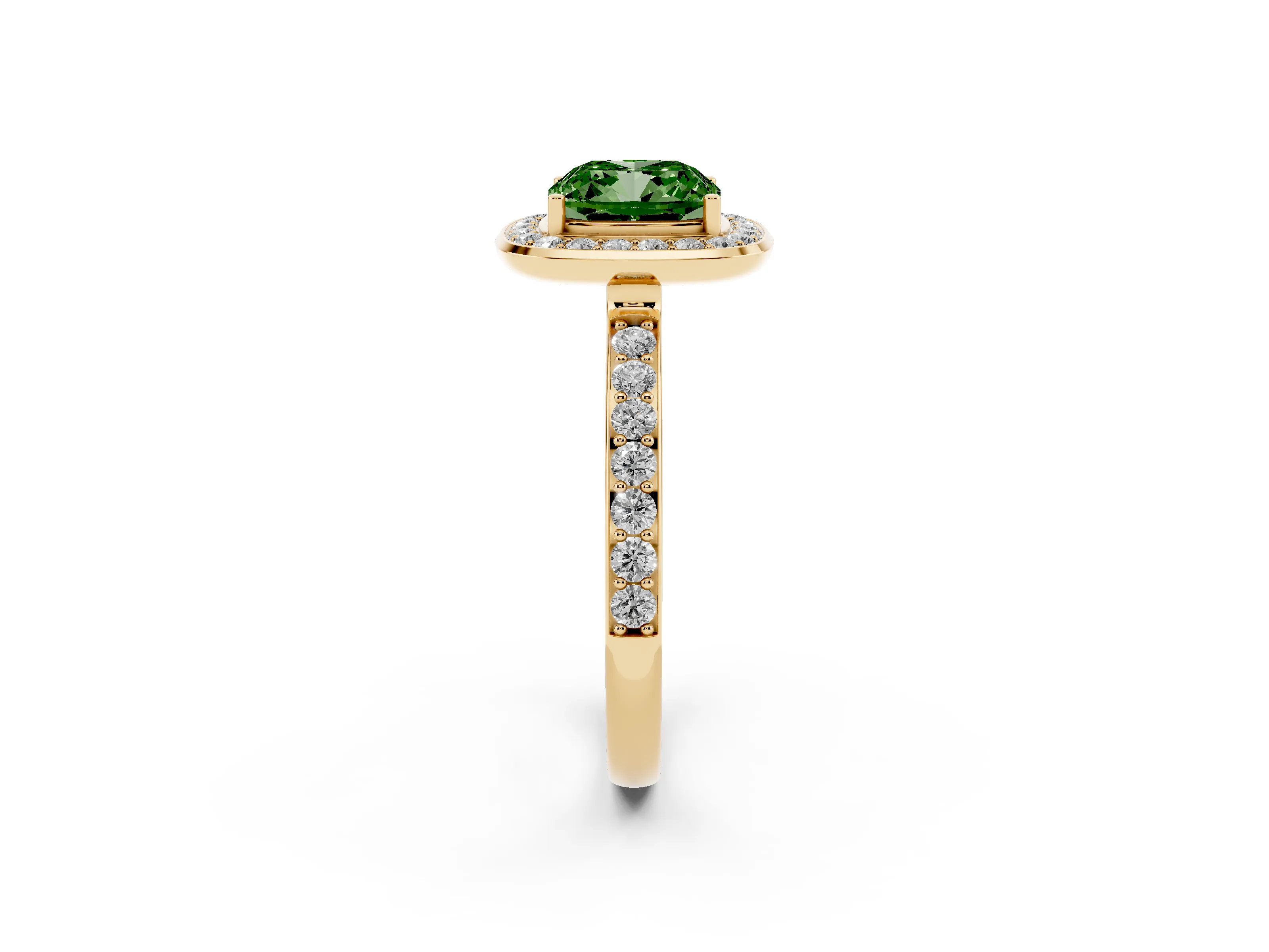 Fancy Green Cushion Cut Diamond Halo Ring Set in Yellow gold with Bezel Frame and Pavé Band