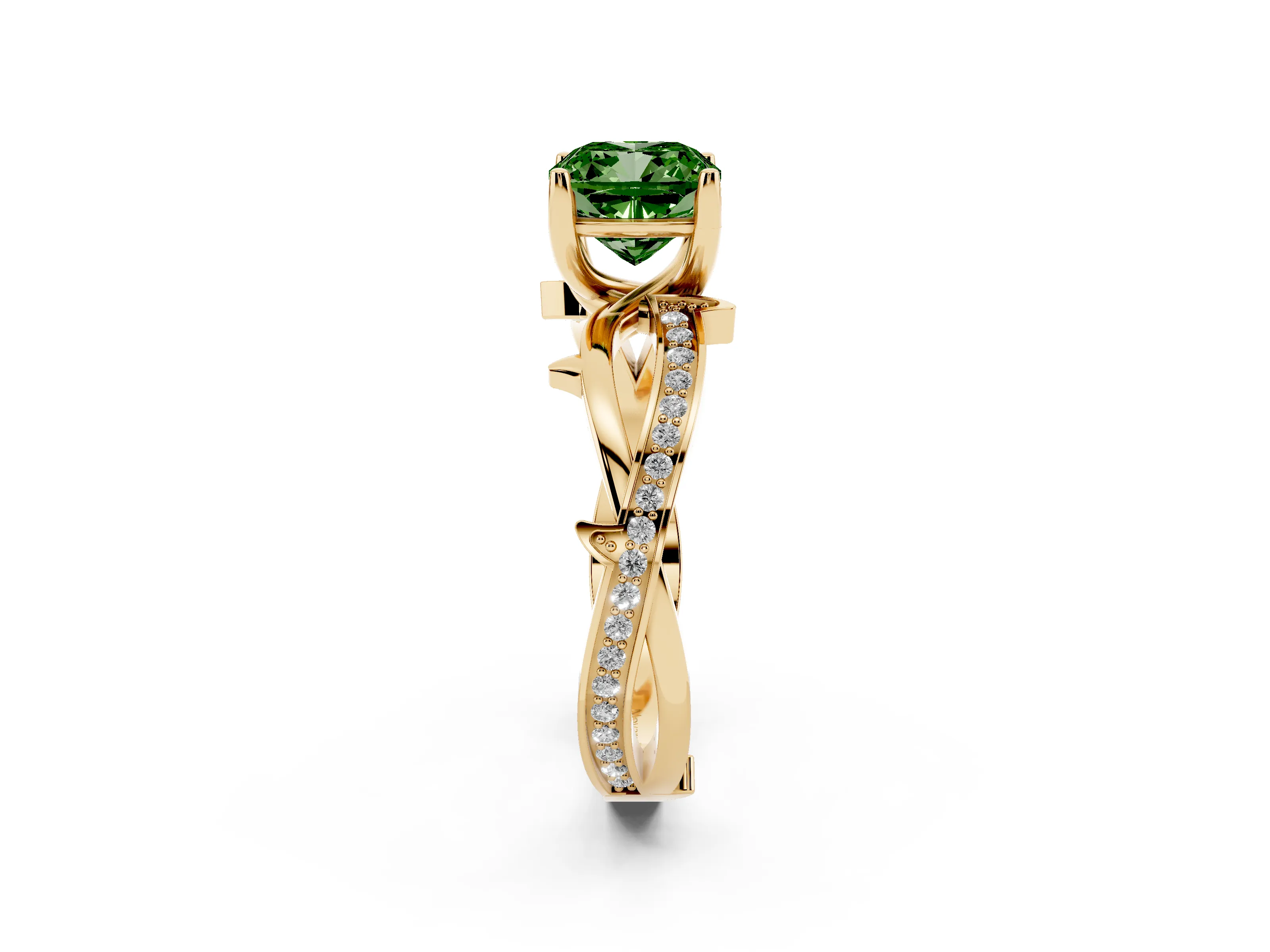 Fancy Green Cushion Cut Diamond Pavé Twist Band Solitaire Ring Set in Yellow gold with Prong Setting