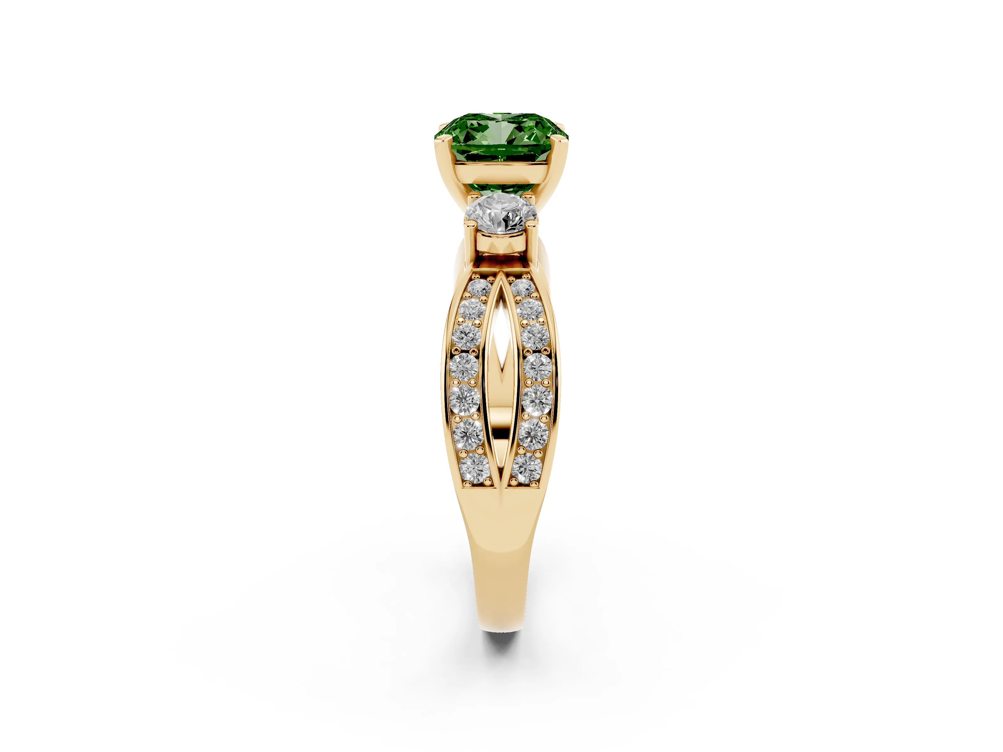 Fancy Green Three-Stone Cushion Cut Diamond Twist Band Ring Set in Yellow gold with Pavé Accents and Prong Setting