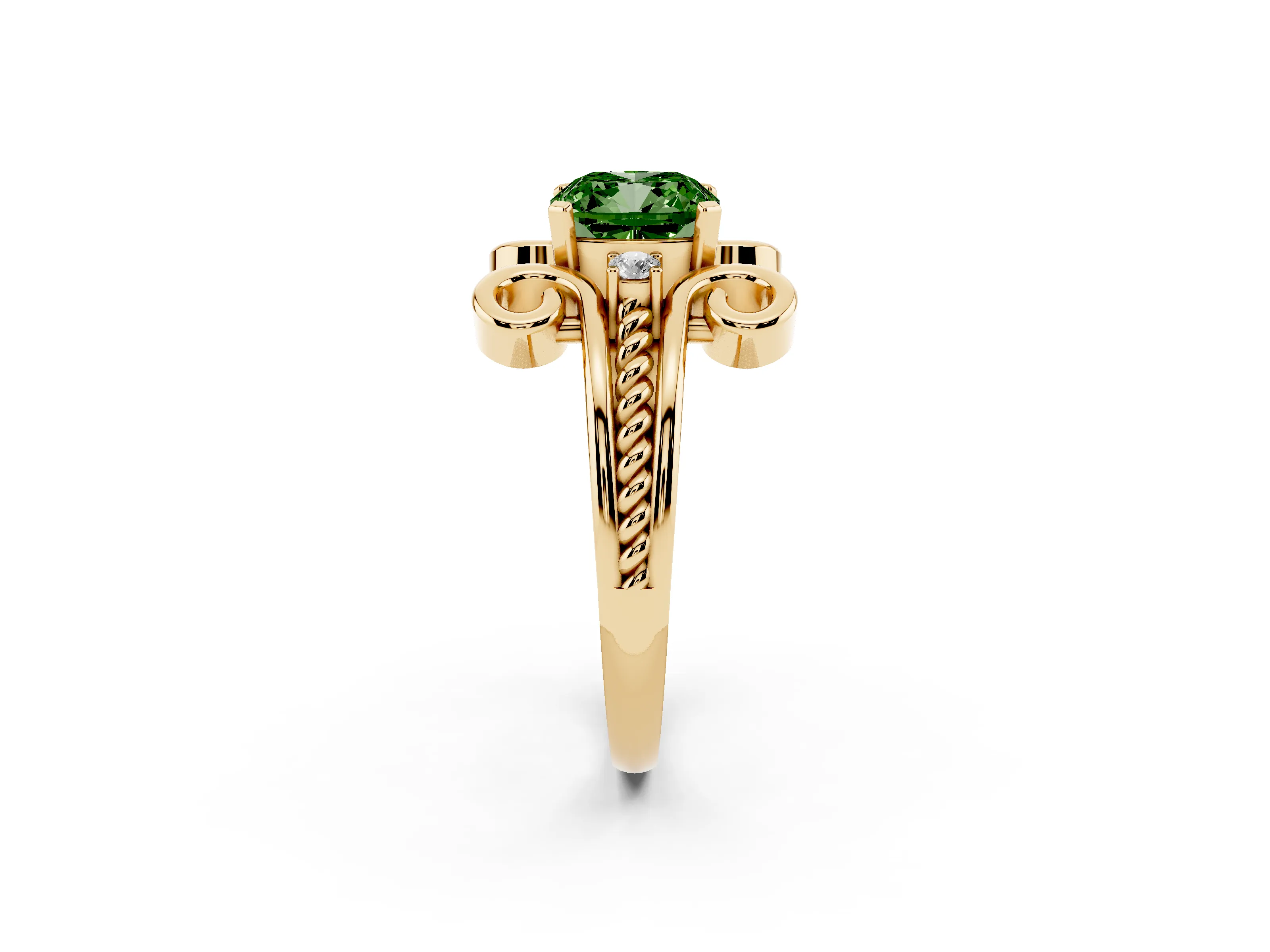 Fancy Green Cushion Cut Diamond Twisted Band Solitaire Ring Set in Yellow gold with Scroll Prongs