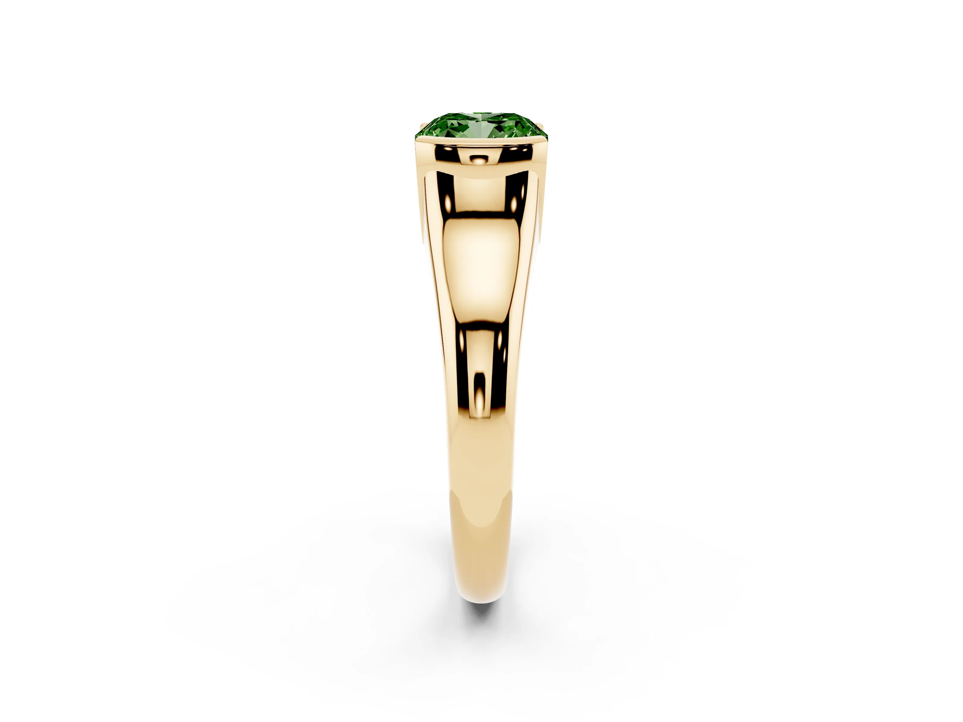 Fancy Green Cushion Cut Diamond Solitaire Tension Set Ring Set in Yellow gold with Split Shank Band
