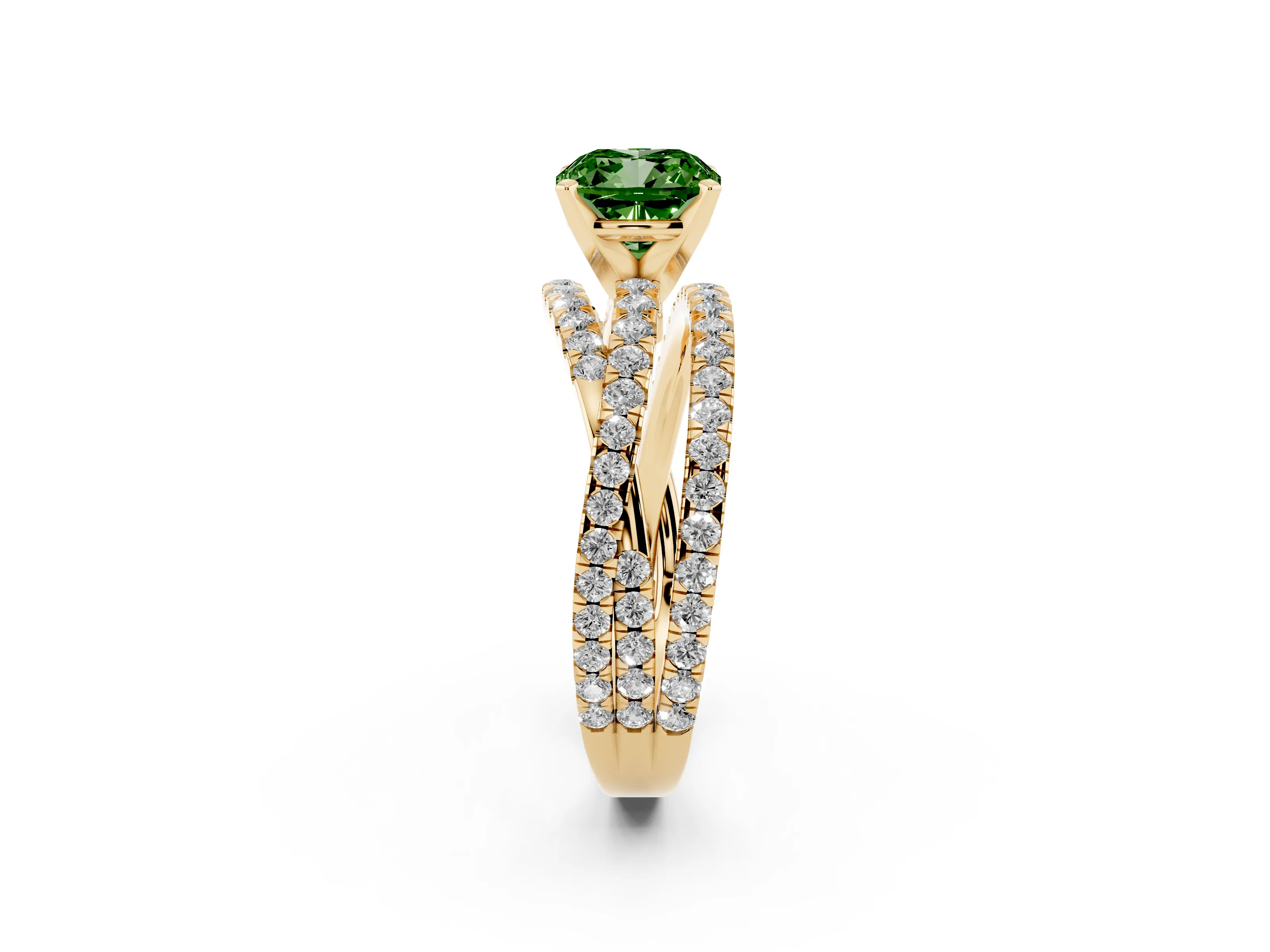 Fancy Green Cushion Cut Diamond Solitaire Twist Band Ring Set in Yellow gold with Pavé Setting and Prong Head
