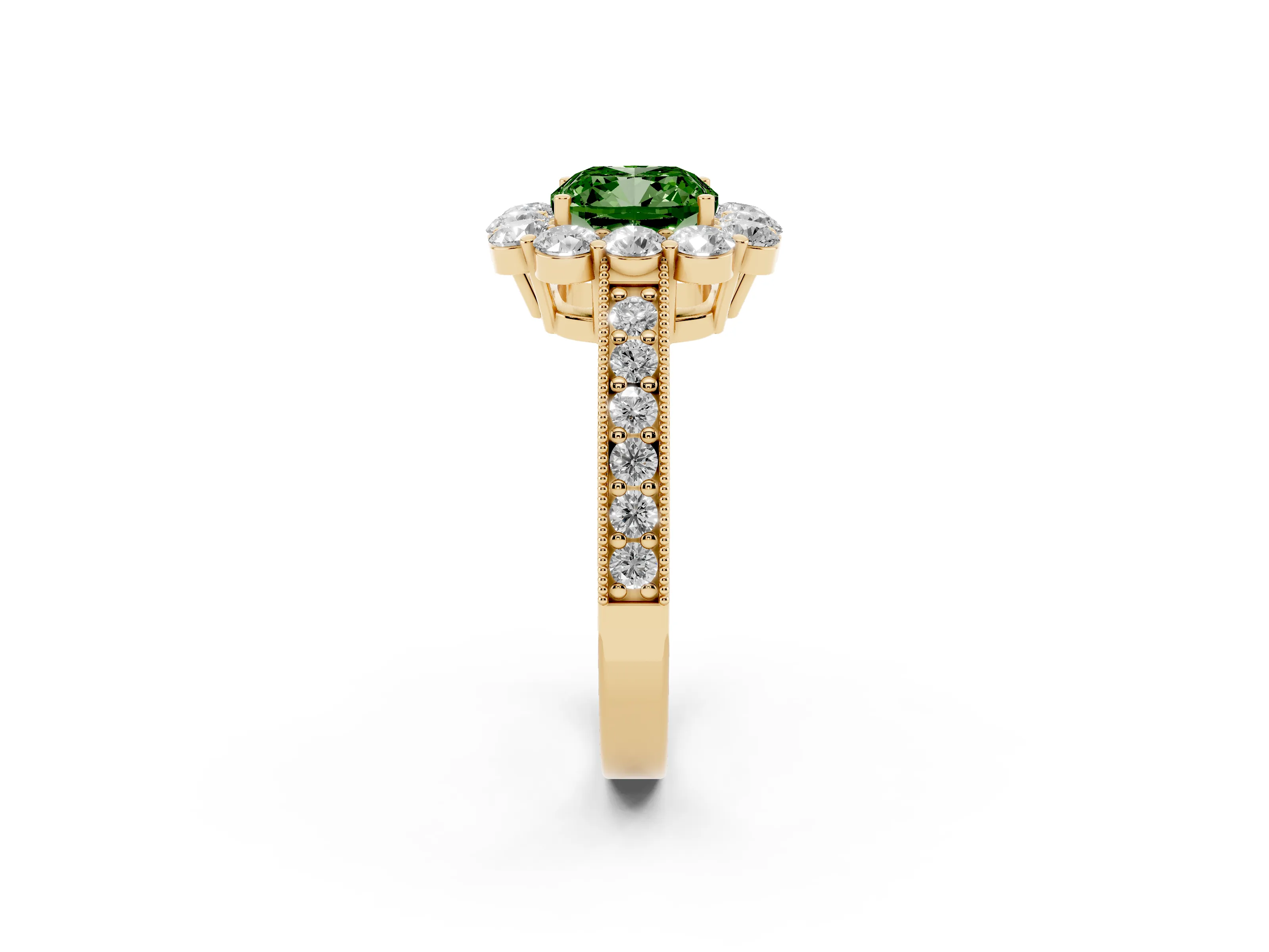 Fancy Green Cushion Cut Diamond Halo Pavé Engagement Ring Set in Yellow gold with Milgrain Detailing
