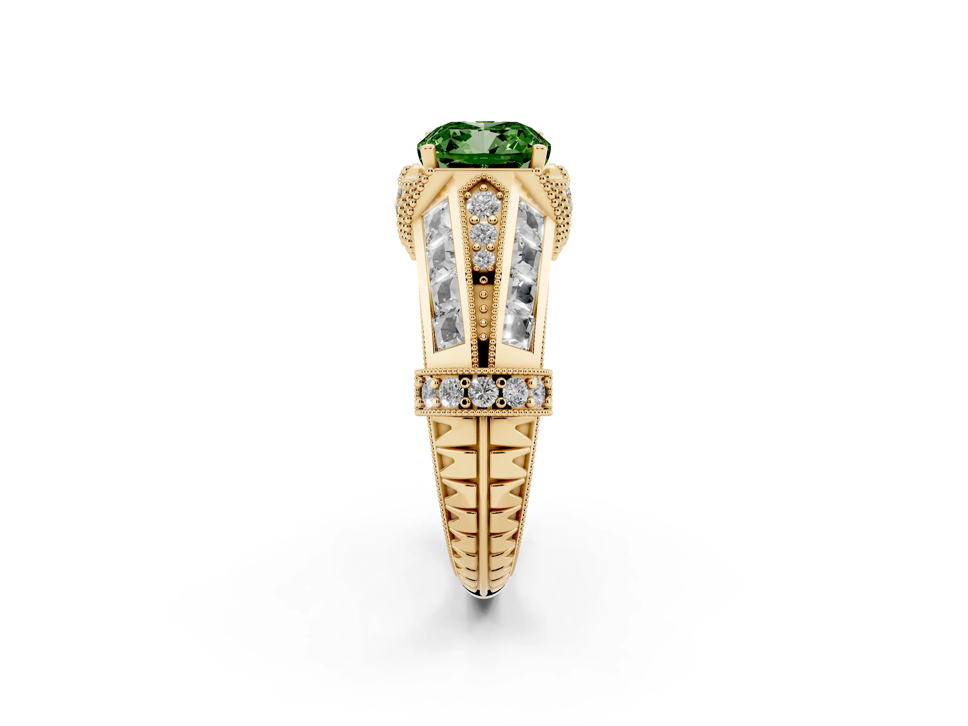Fancy Green Cushion Cut Diamond Vintage-Inspired Milgrain Ring Set in Yellow gold with Accent Split Shank