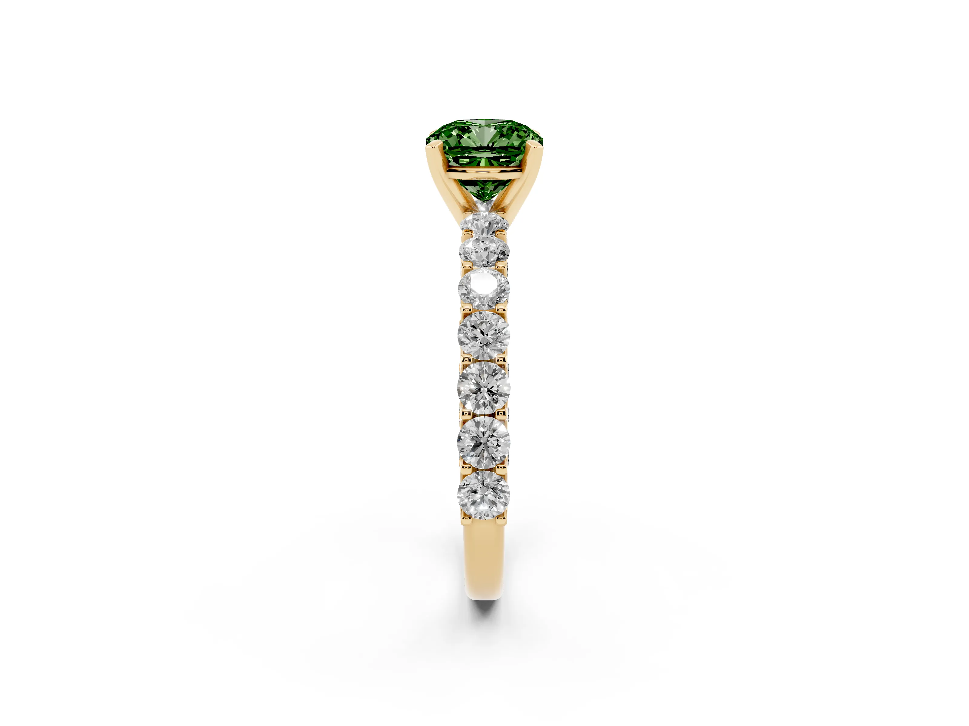 Fancy Green Cushion Cut Diamond Solitaire Ring Set in Yellow gold with Shared Prong Pavé Band