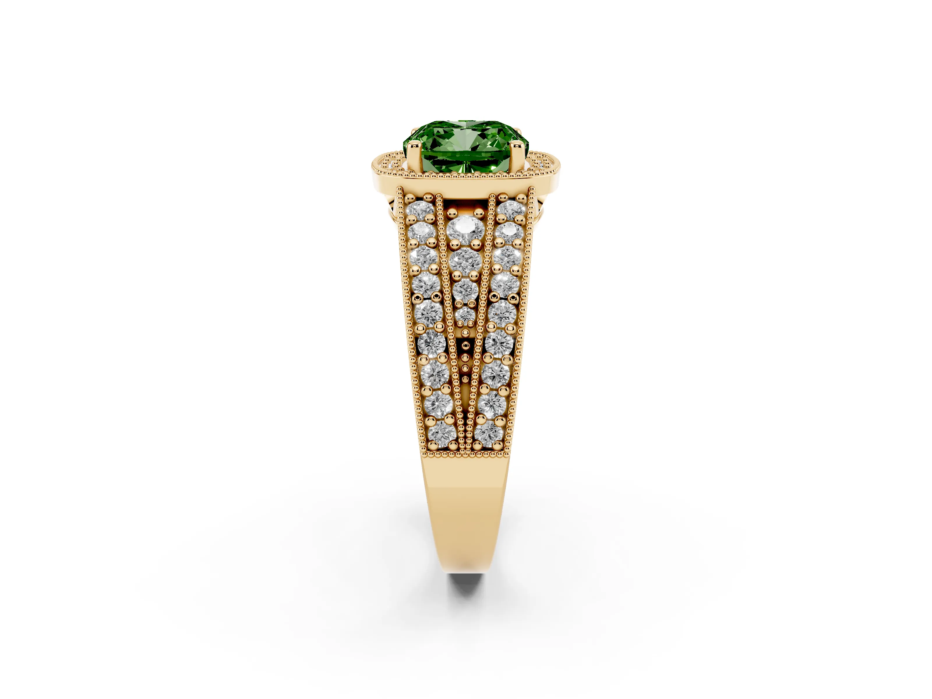 Fancy Green Cushion Cut Diamond Halo Ring Set in Yellow gold with Accent Split Shank and Prong Setting