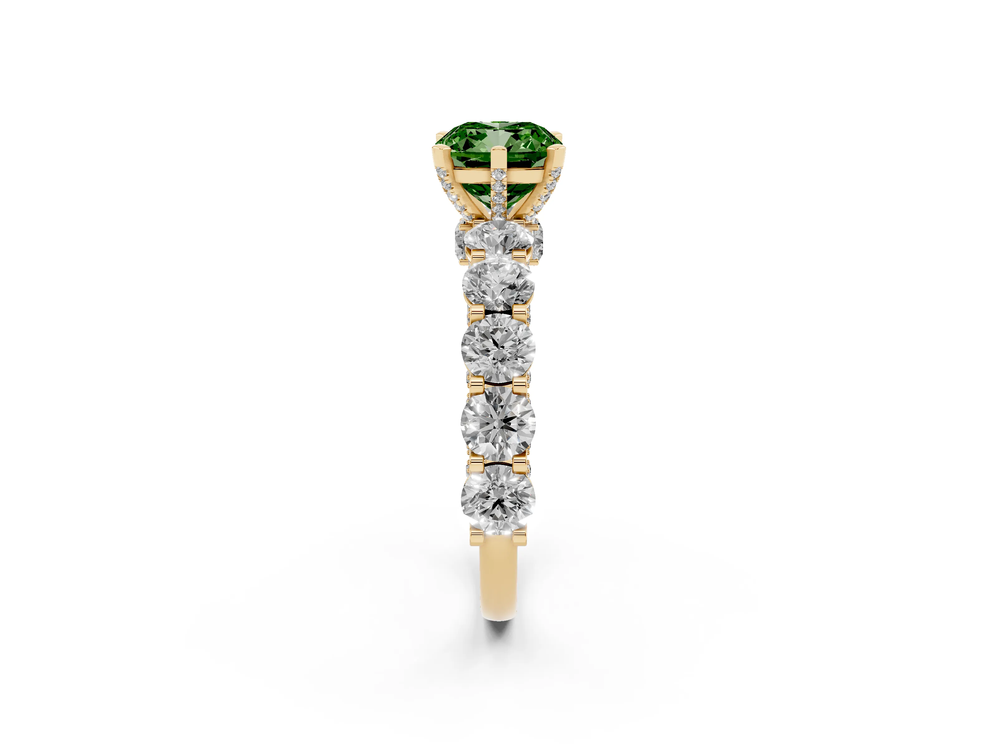 Fancy Green Cushion Cut Diamond Side Stone Ring Set in Yellow gold with Alternating Round and Oval Side Stones