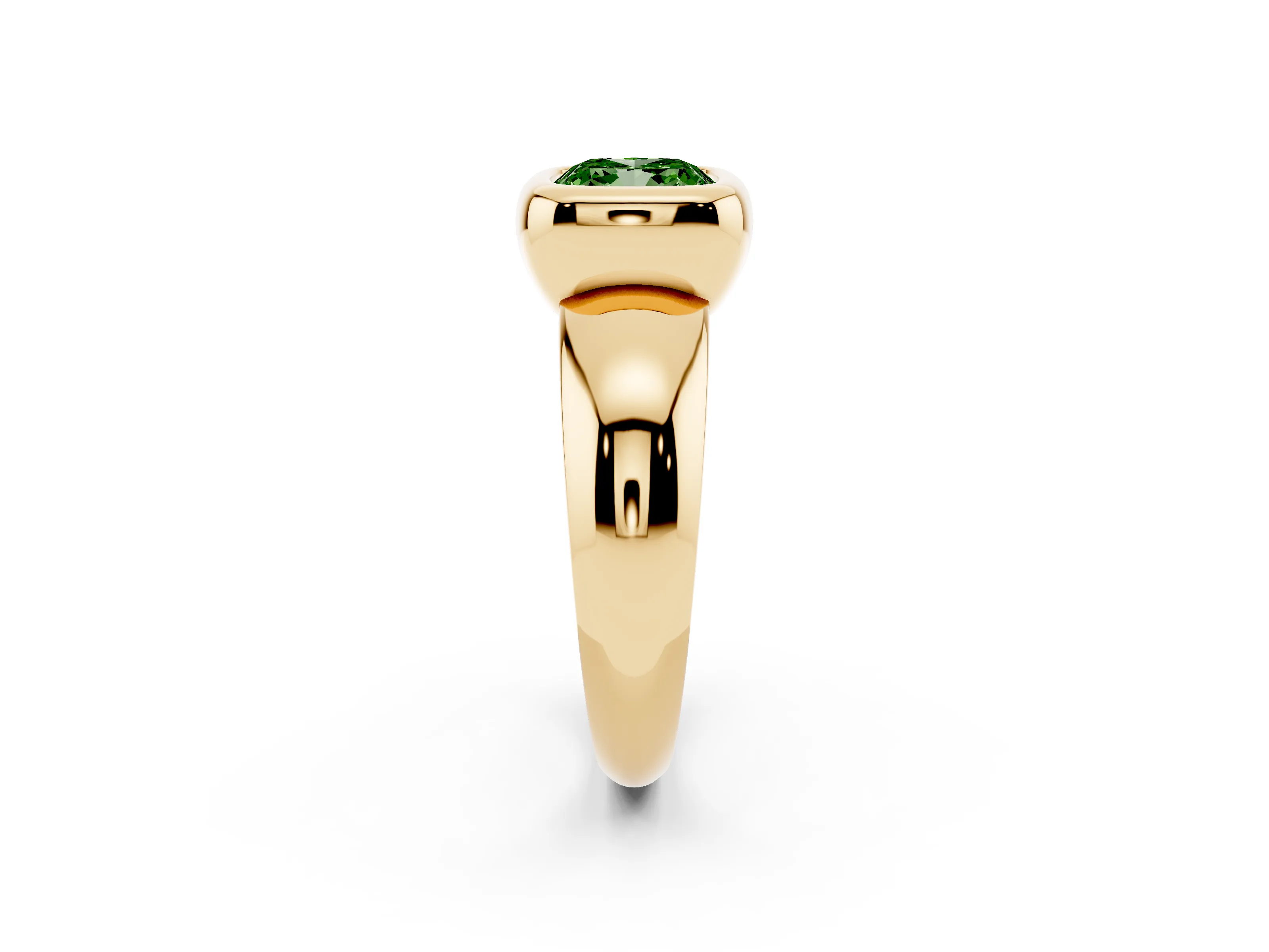 Fancy Green Bezel Set Cushion Cut Diamond Solitaire Ring Set in Yellow gold with Wide Band