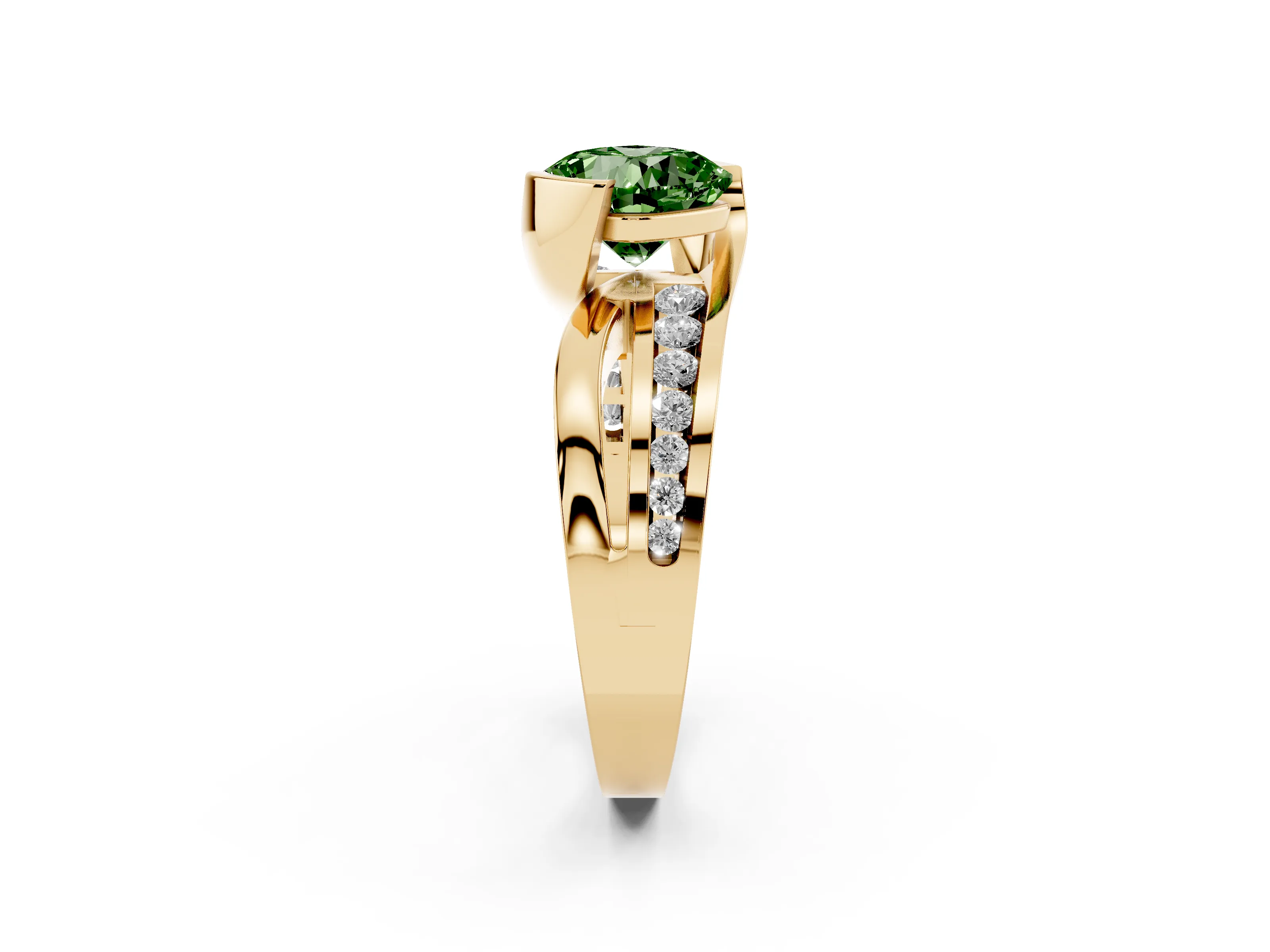 Fancy Green Cushion Cut Diamond Solitaire Ring Set in Yellow gold with Channel Set Split Shank and Tension Prongs