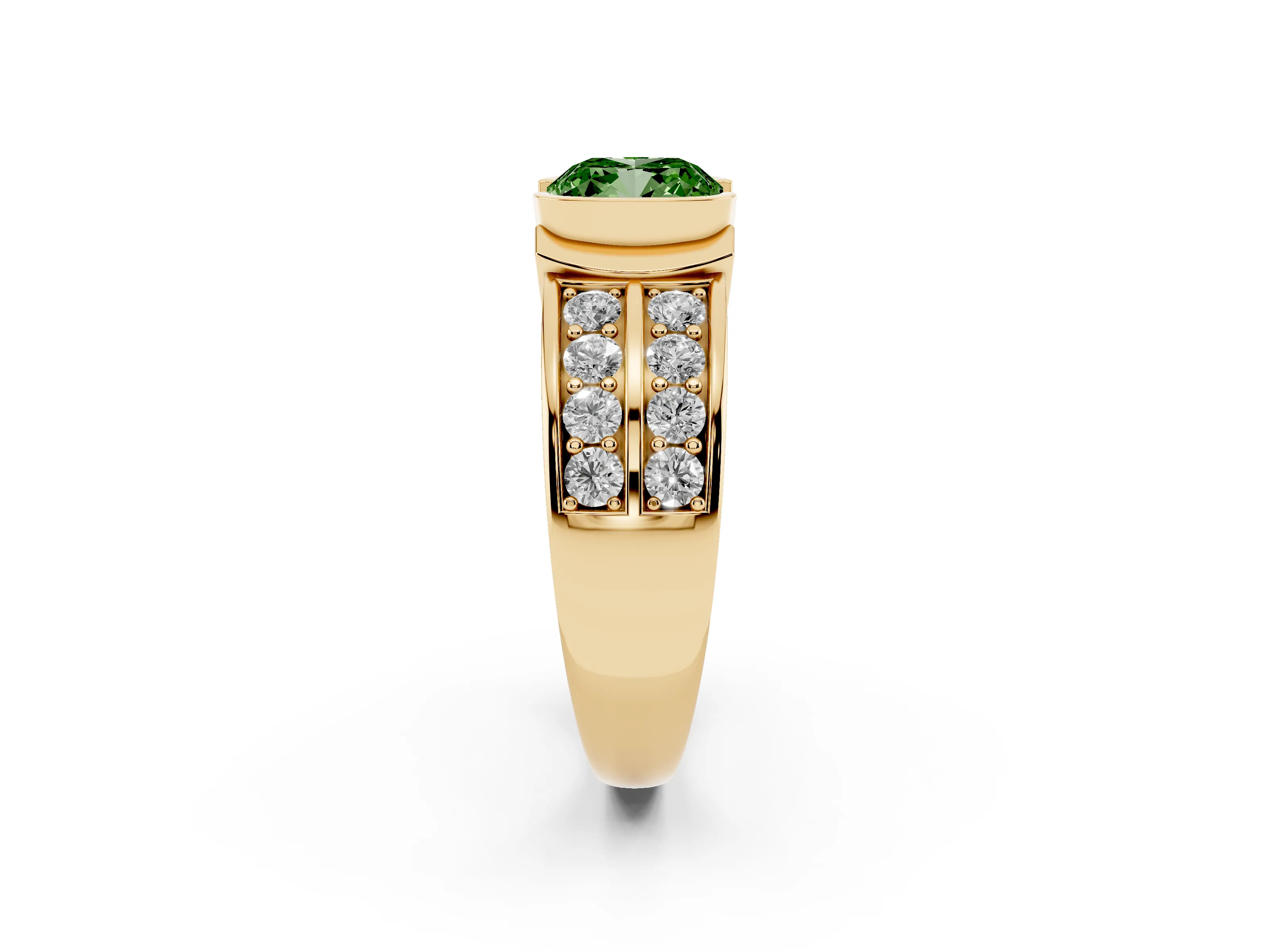 Fancy Green Cushion Cut Diamond Wide Channel Set Band Ring Set in Yellow gold with Bezel Setting
