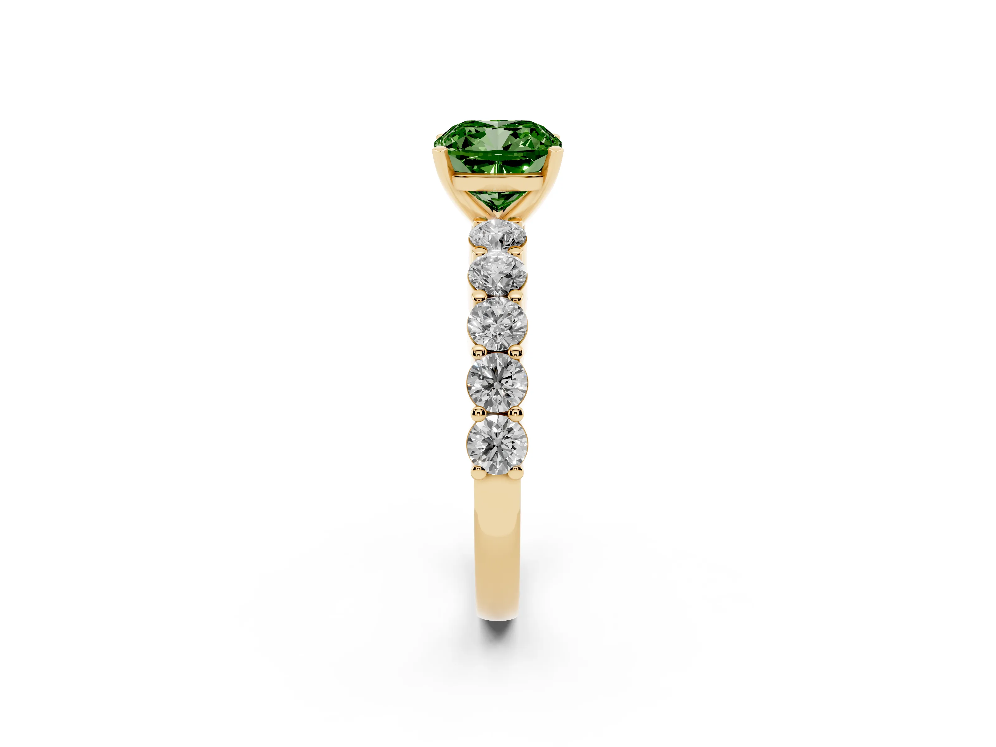 Fancy Green Cushion Cut Diamond Solitaire Ring Set in Yellow gold with Shared Prong Round Side Stones