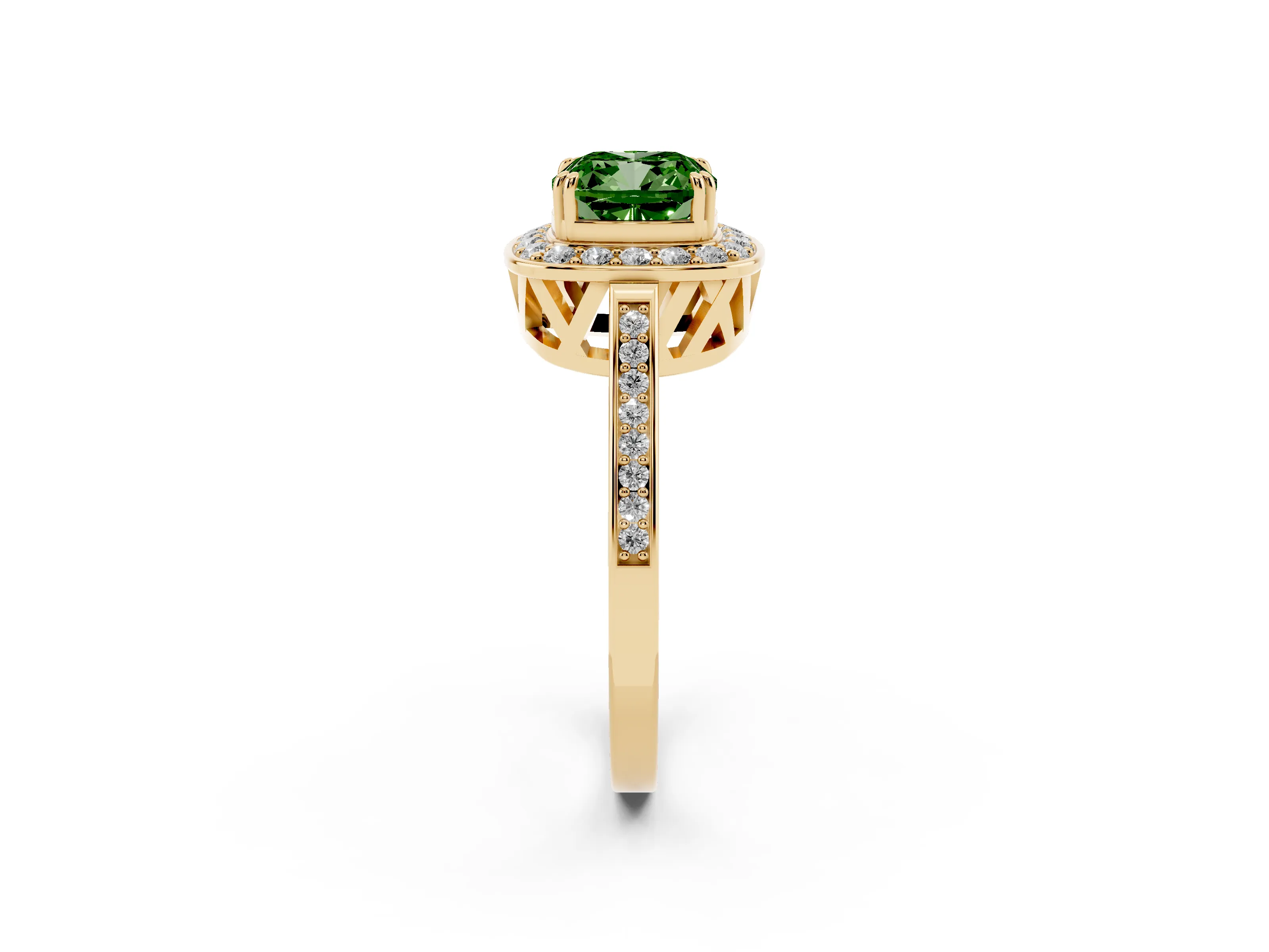 Fancy Green Cushion Cut Diamond Halo Ring Set in Yellow gold with Accent-Lined Split Shank and Prong Setting