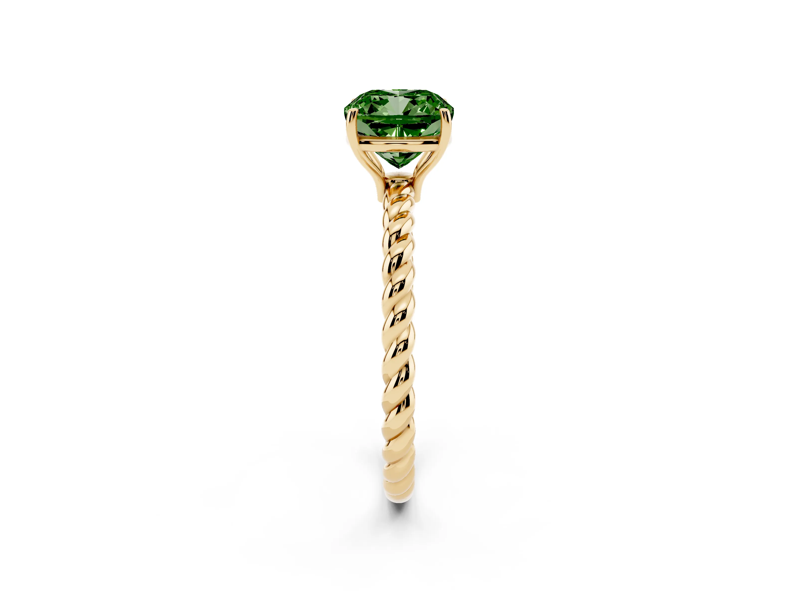 Fancy Green Cushion Cut Diamond Solitaire Ring Set in Yellow gold with Twist Band and Prong Setting