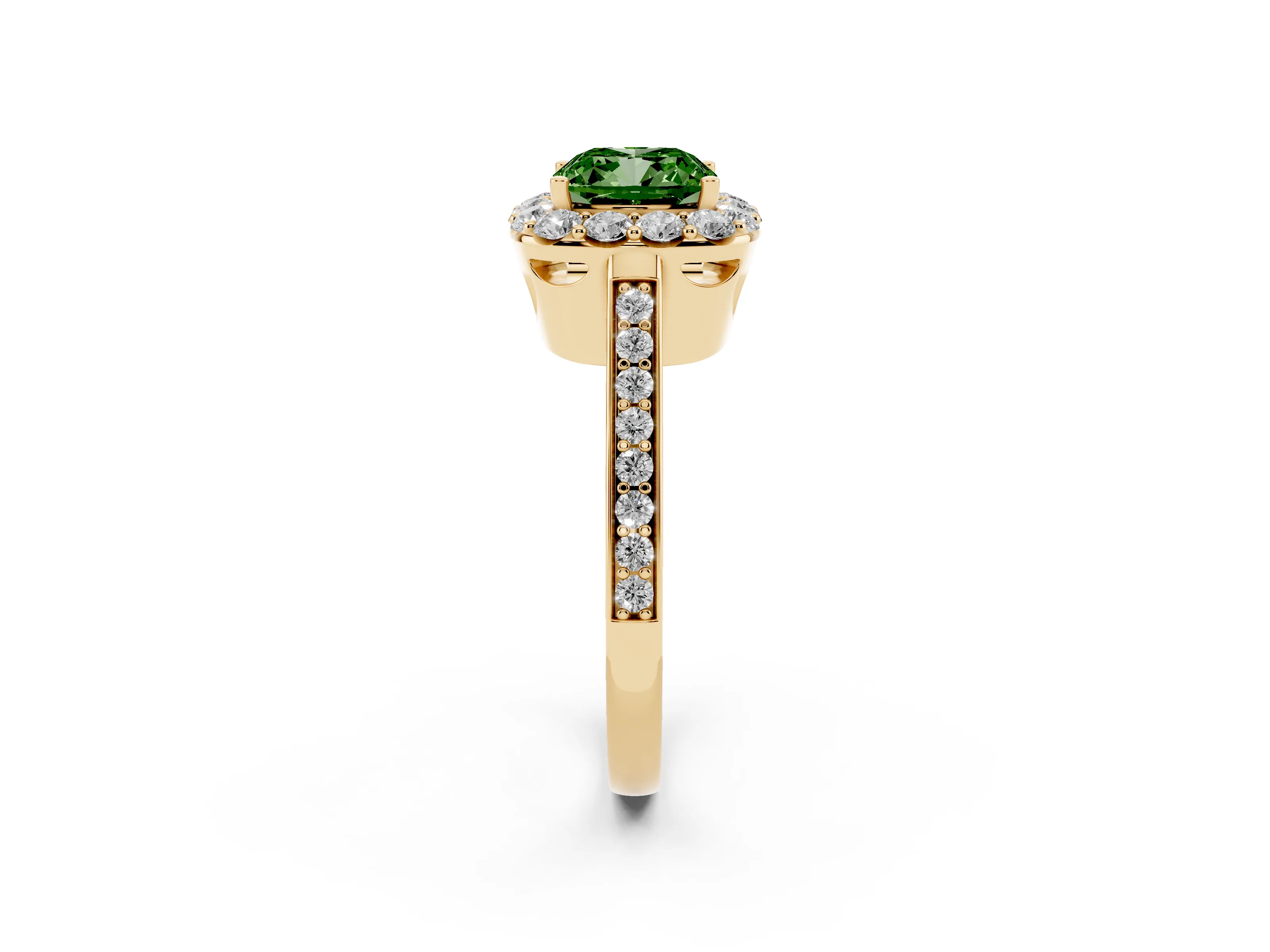Fancy Green Cushion Cut Diamond Floral Halo Ring Set in Yellow gold with Pavé Band and Prong Setting