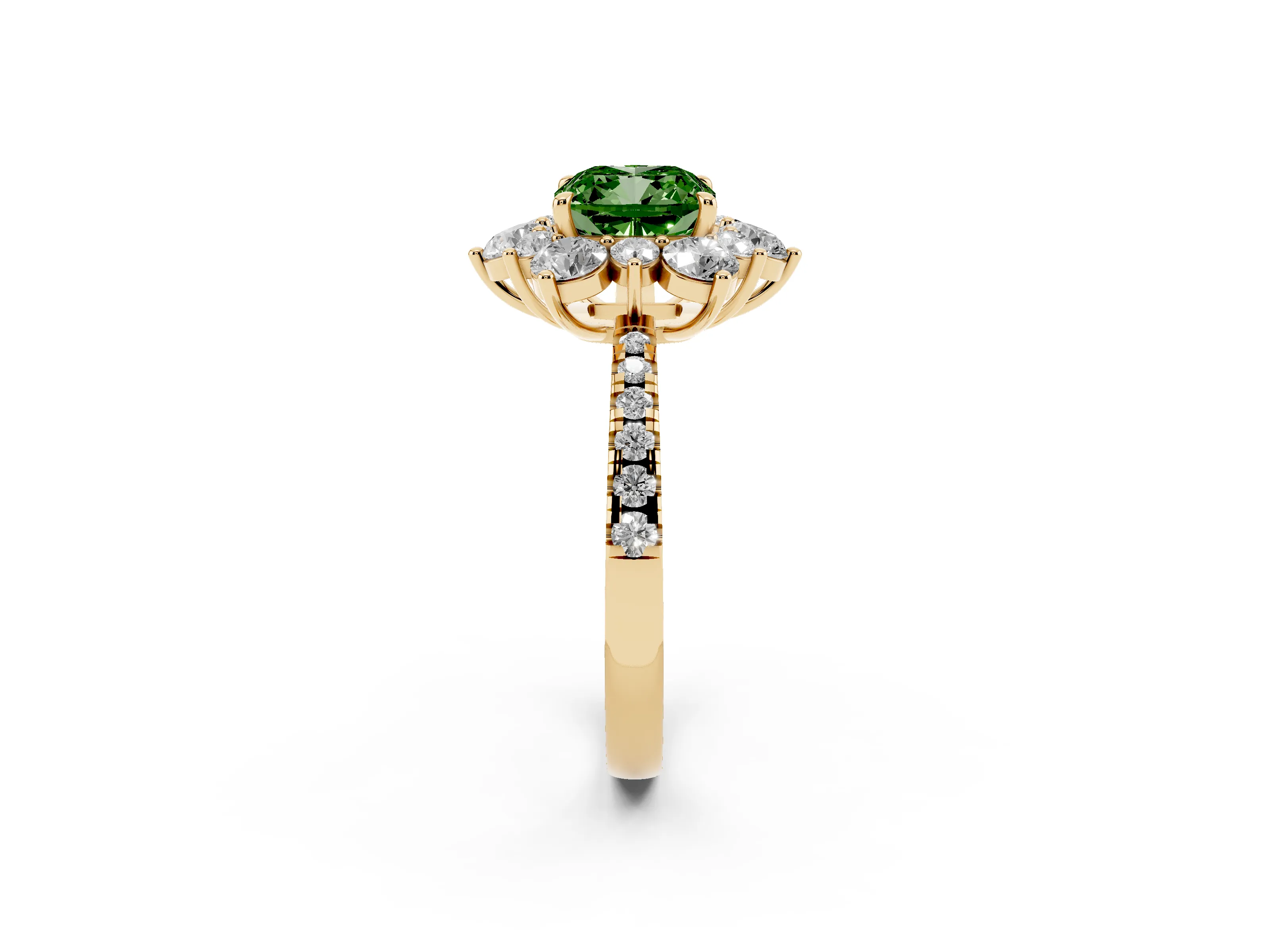 Fancy Green Cushion Cut Diamond Floral Halo Ring Set in Yellow gold with Round Pavé Band and Prong Setting