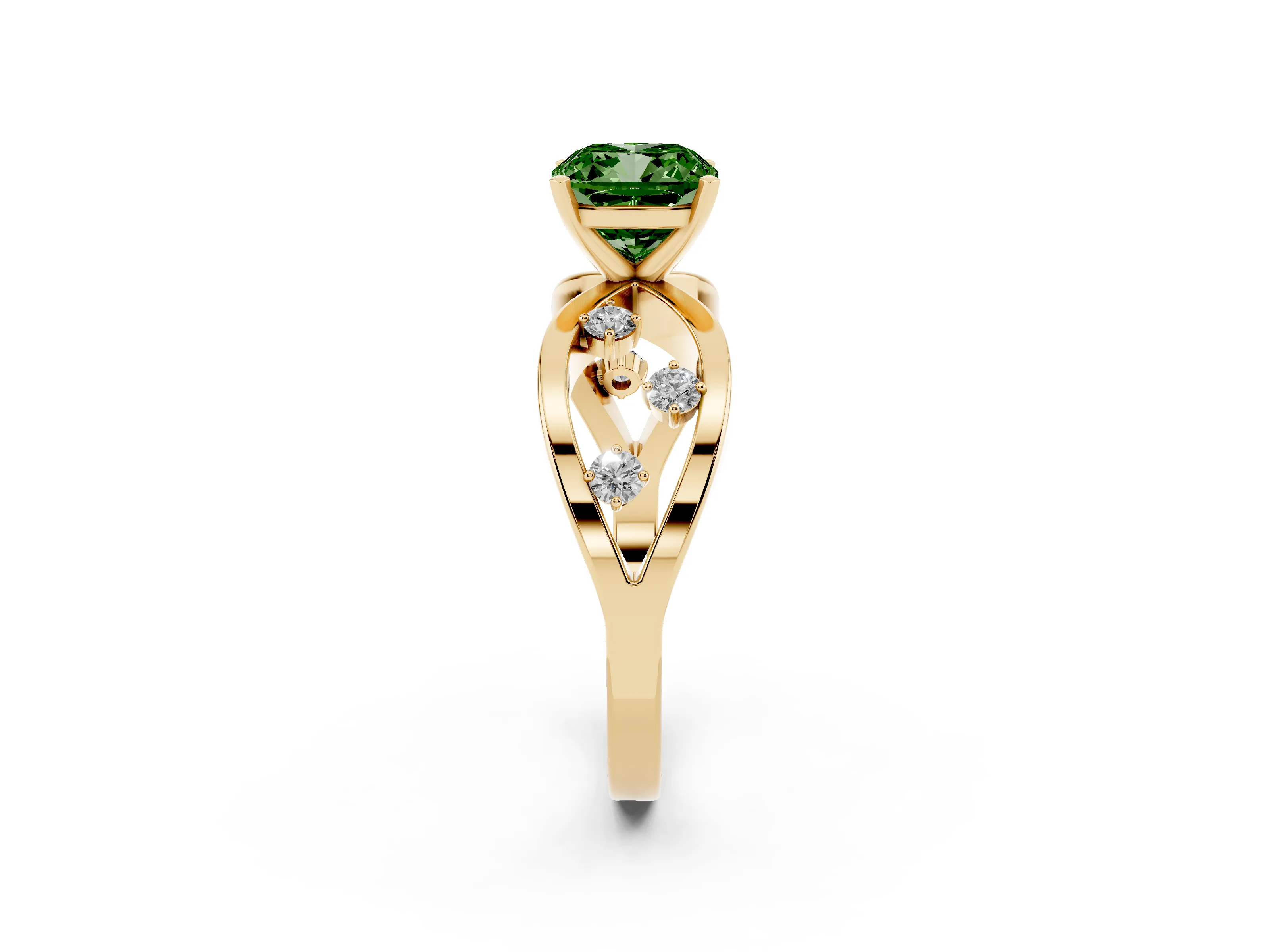 Fancy Green Cushion Cut Diamond Solitaire Ring Set in Yellow gold with Side Stones on Criss-Cross Band and Prong Setting
