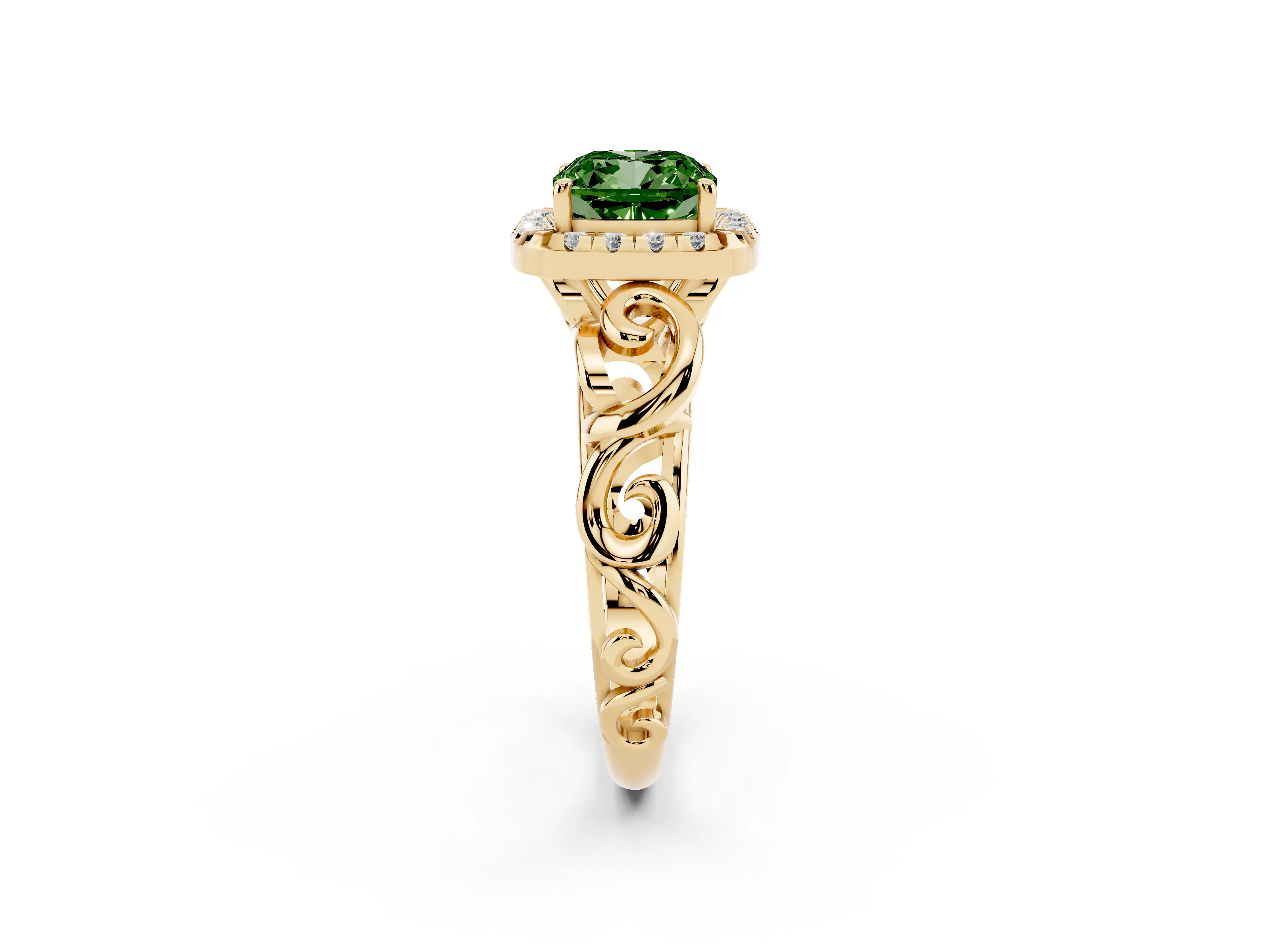 Fancy Green Cushion Cut Diamond Halo Ring Set in Yellow gold with Scrollwork Band and Prong Setting