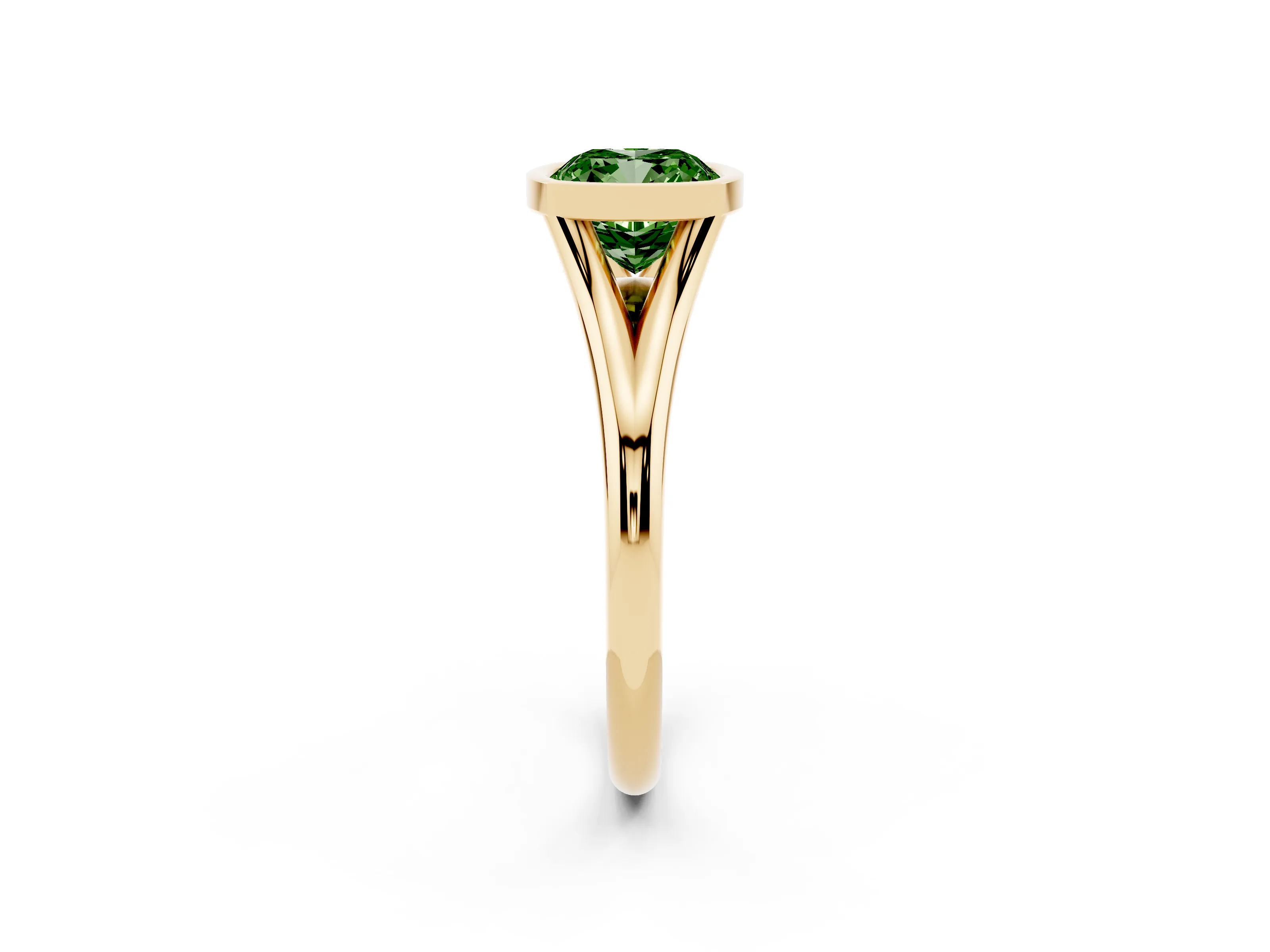 Fancy Green Bezel Set Cushion Cut Diamond Solitaire Ring Set in Yellow gold with Tapered Band