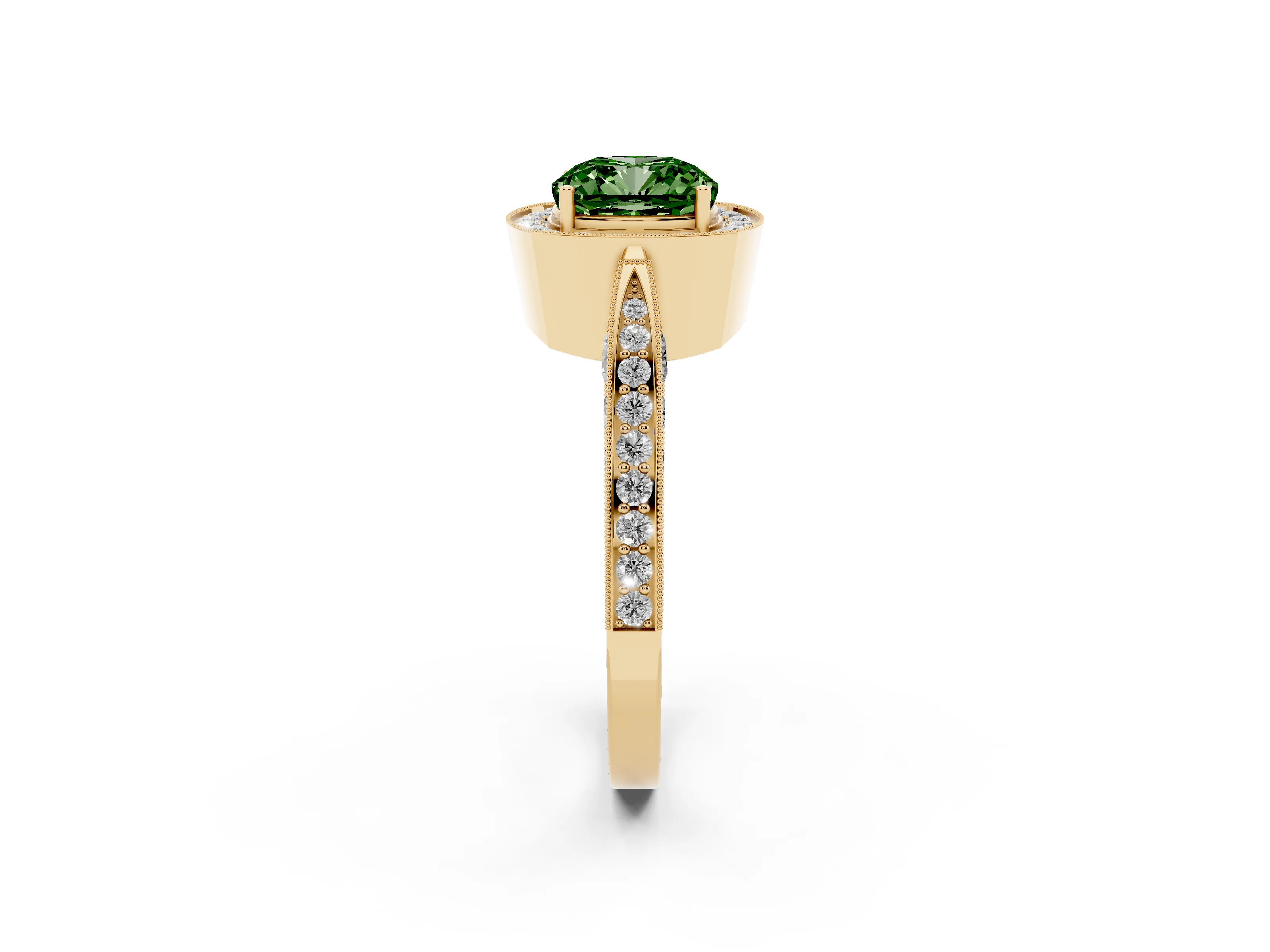 Fancy Green Cushion Cut Diamond Halo Engagement Ring Set in Yellow gold with Accent Split Shank Band