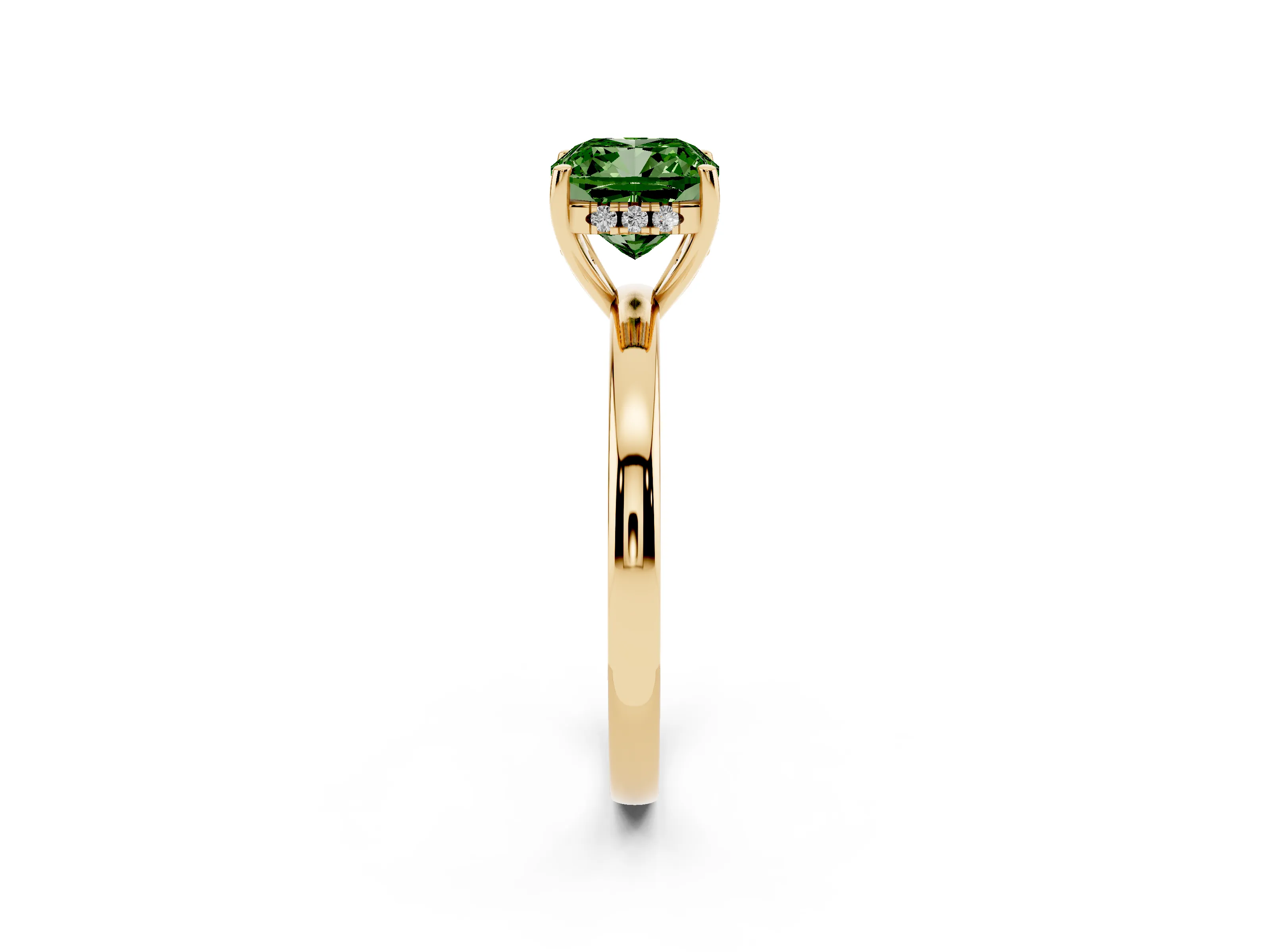 Fancy Green Cushion Cut Diamond Solitaire Ring Set in Yellow gold with Plain Band and Prong Setting