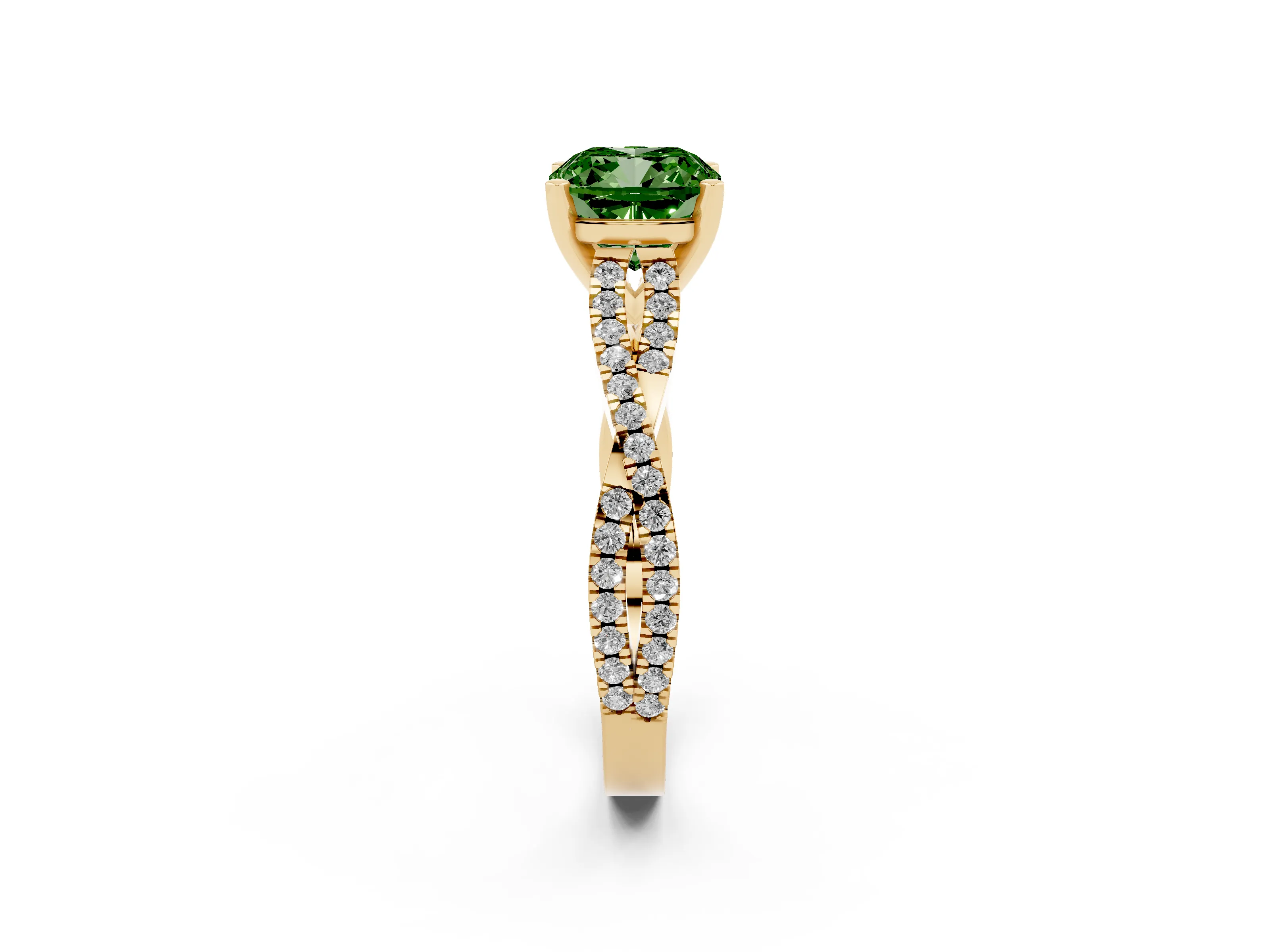 Fancy Green Cushion Cut Diamond Solitaire Engagement Ring Set in Yellow gold with Twisted Pavé Band and Prong Setting