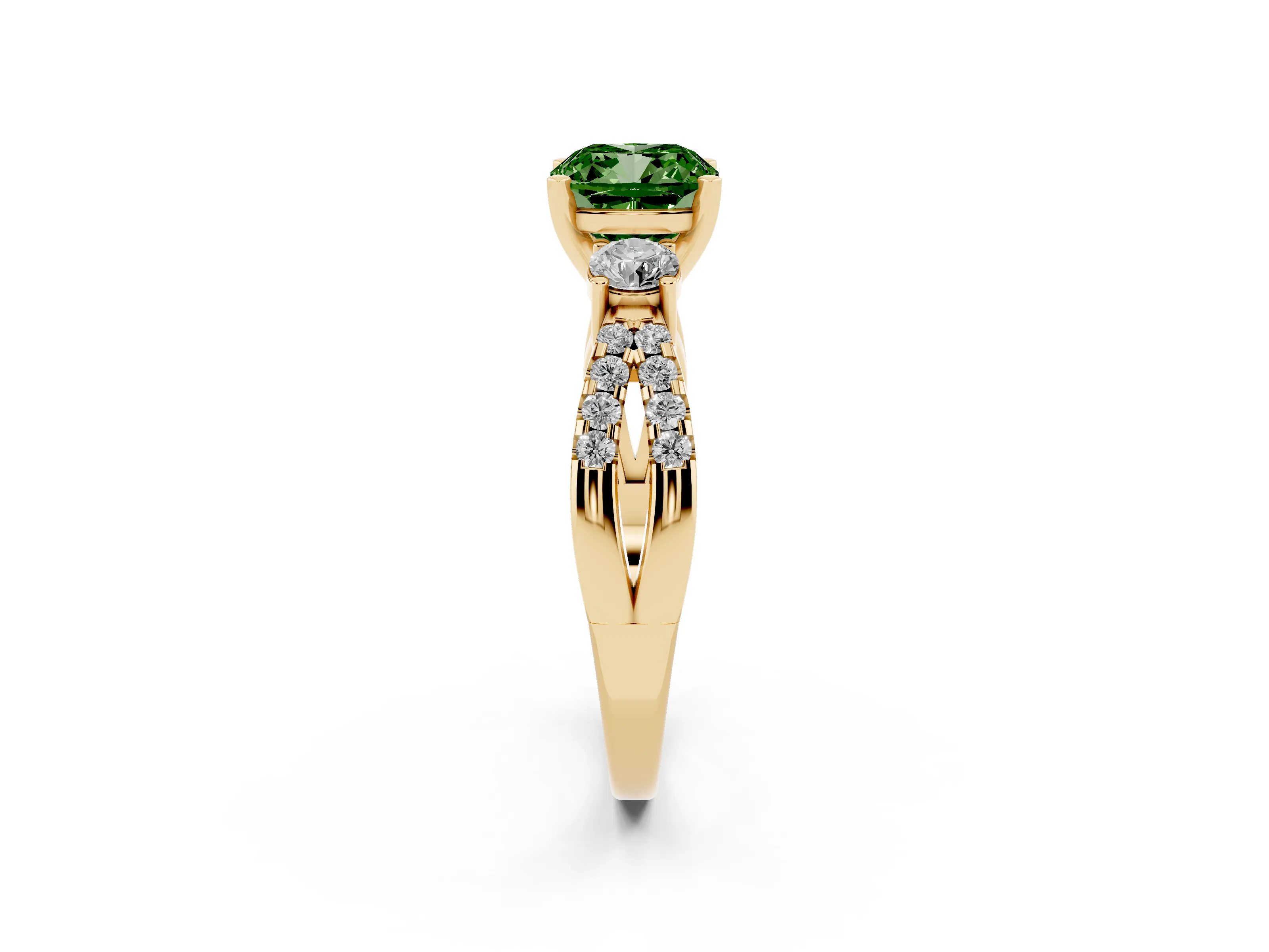 Fancy Green Cushion Cut Diamond Three-Stone Ring Set in Yellow gold with Pavé Split Shank and Prong Setting
