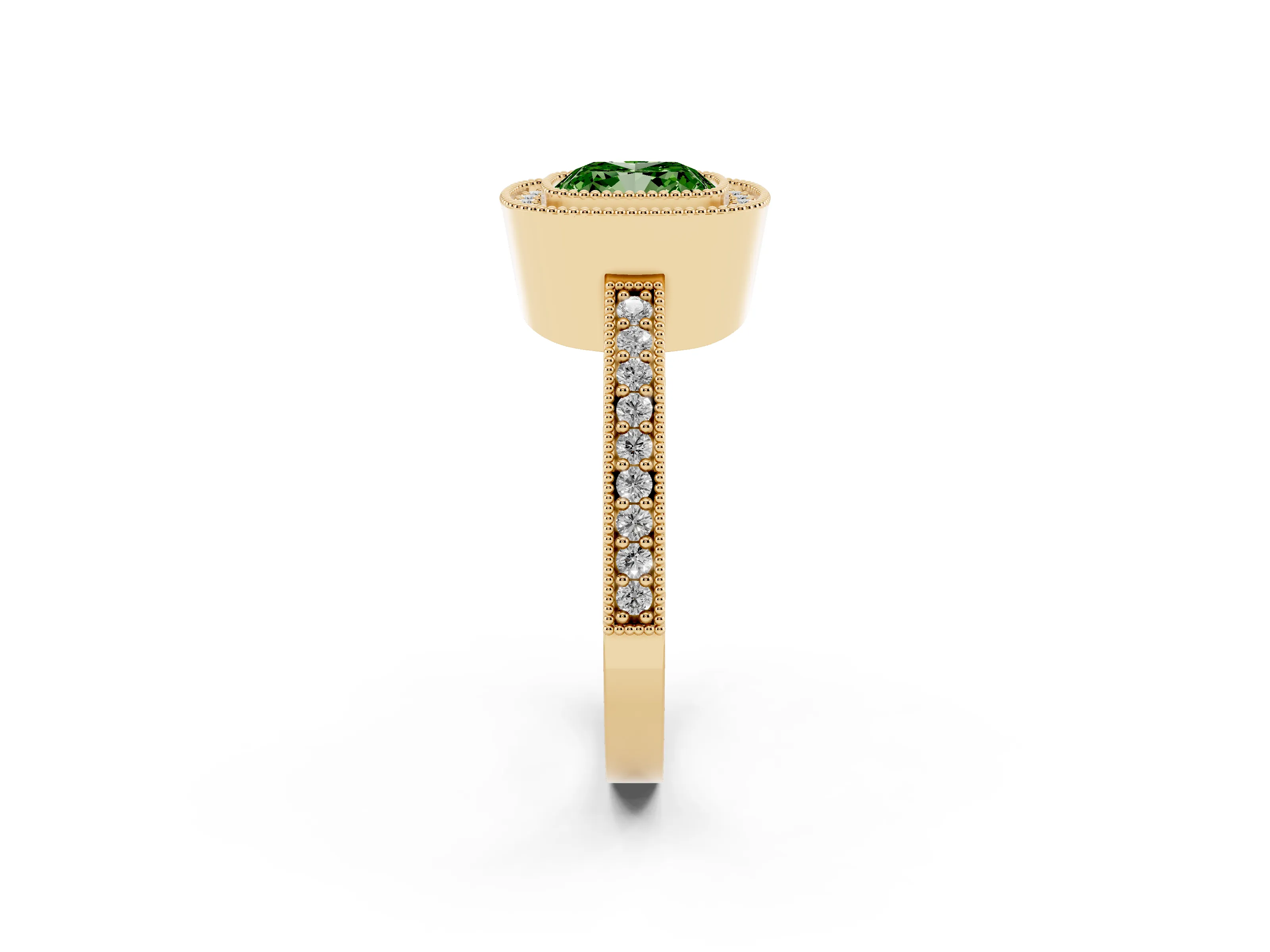 Fancy Green Cushion Cut Diamond Halo Engagement Ring Set in Yellow gold with Pavé Band and Round Halo Stones
