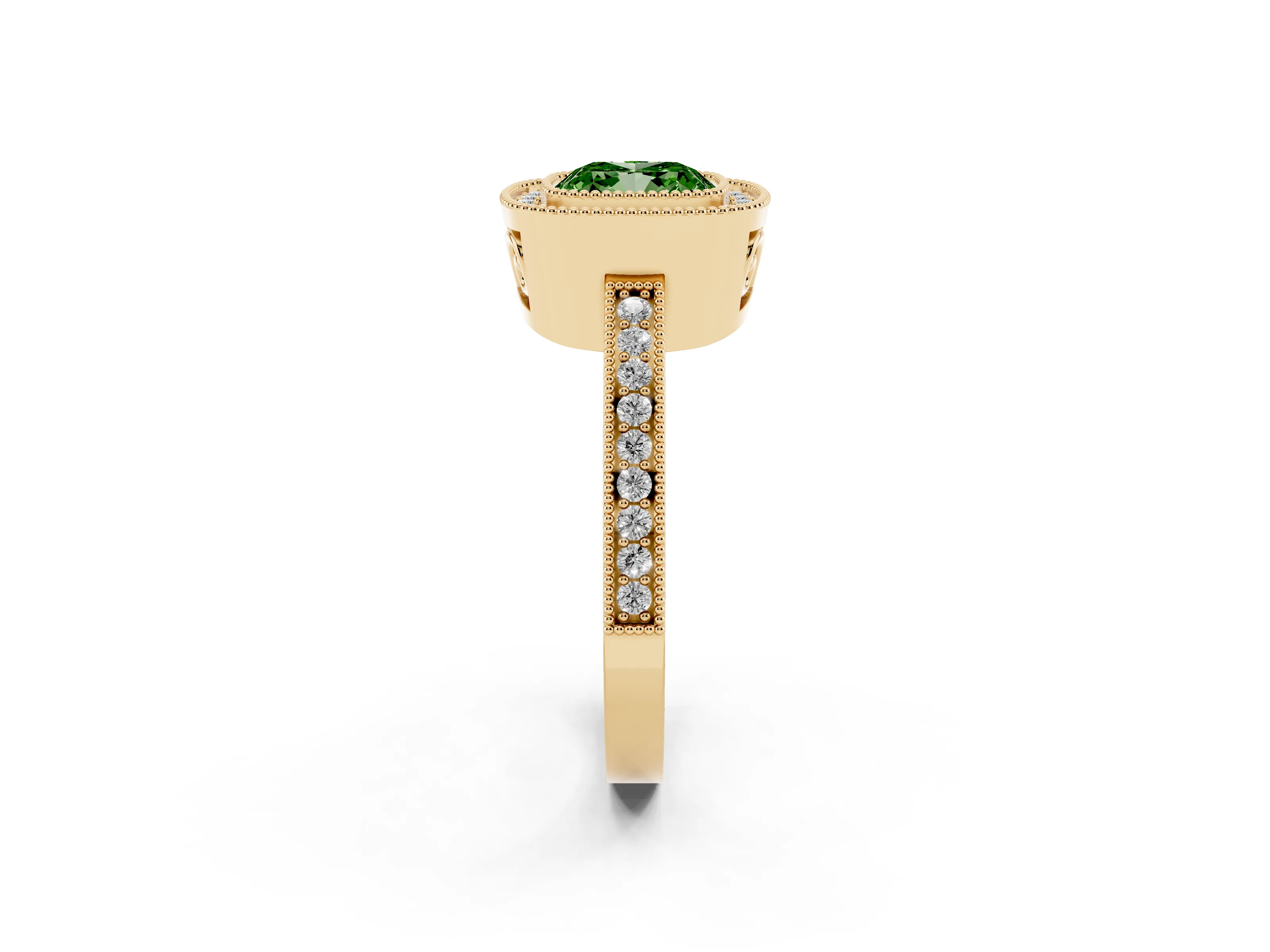 Fancy Green Cushion Cut Diamond Round Halo Ring Set in Yellow gold with Pavé Band