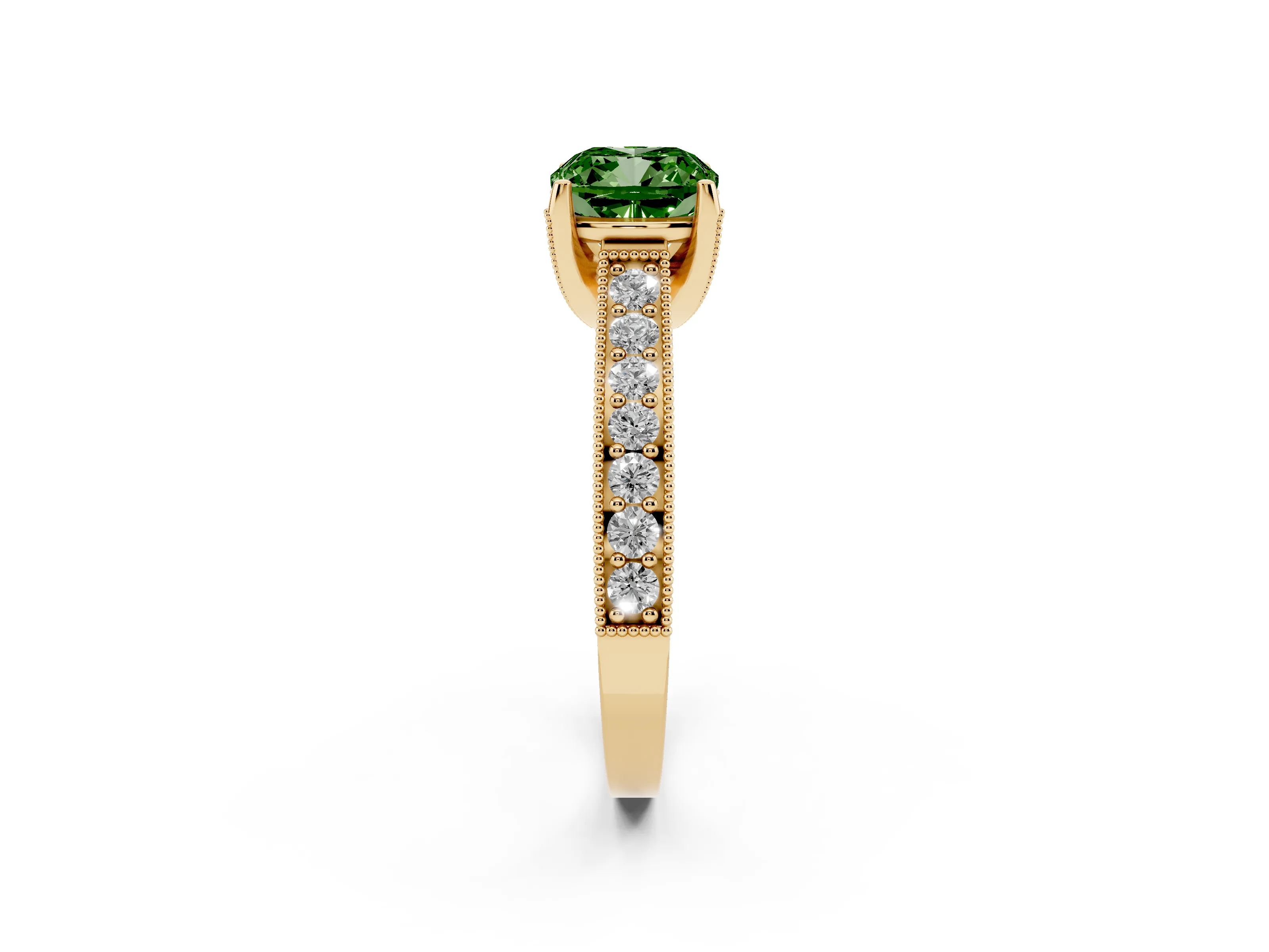 Fancy Green Cushion Cut Diamond Solitaire Ring Set in Yellow gold with Milgrain-Edged Pavé Band and Prong Setting