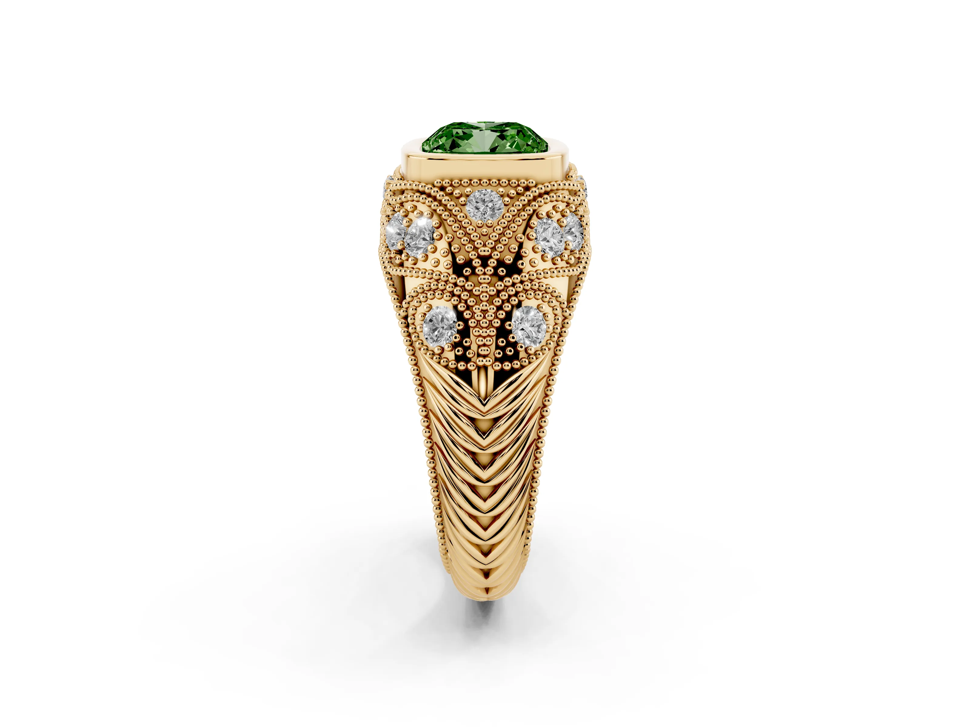 Fancy Green Cushion Cut Diamond Bezel Ring Set in Yellow gold with Milgrain Accent Band