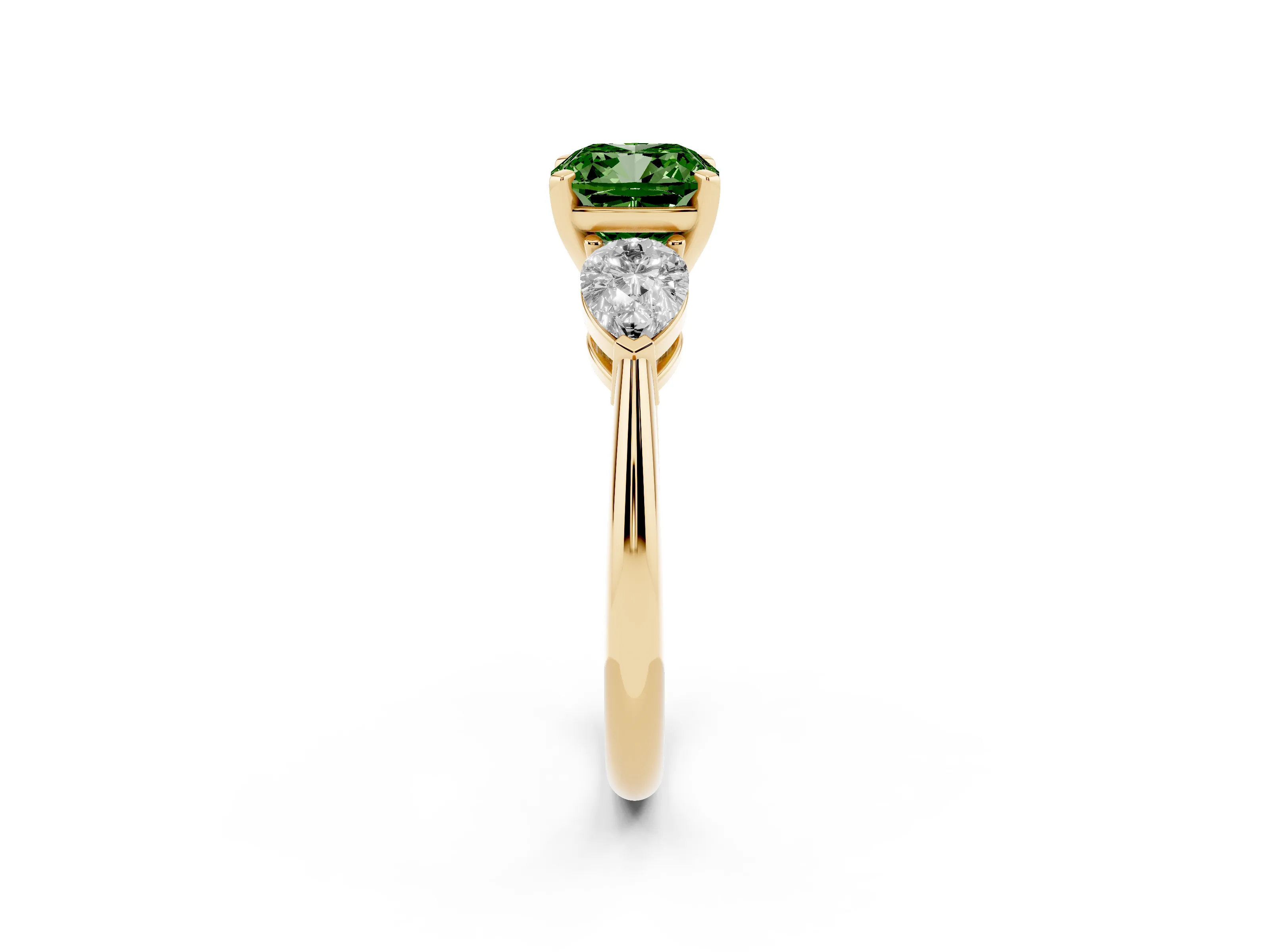 Fancy Green Three-Stone Cushion Cut Diamond Ring Set in Yellow gold with Pear Side Stones and Prong Setting