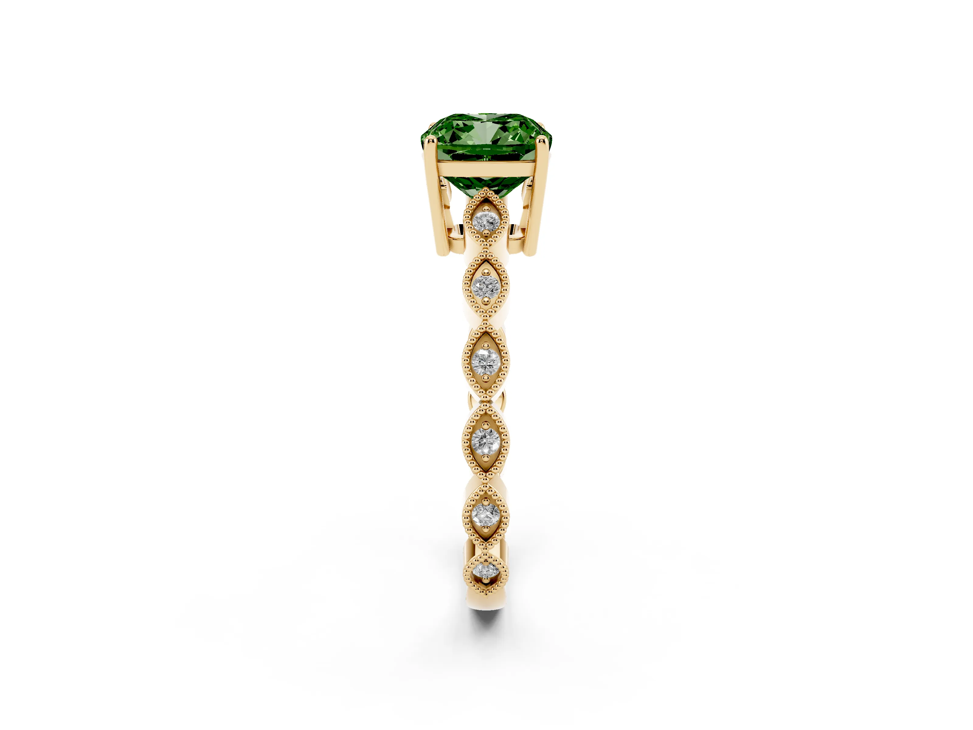 Fancy Green Cushion Cut Diamond Solitaire Ring Set in Yellow gold with Infinity Twist Pavé Band