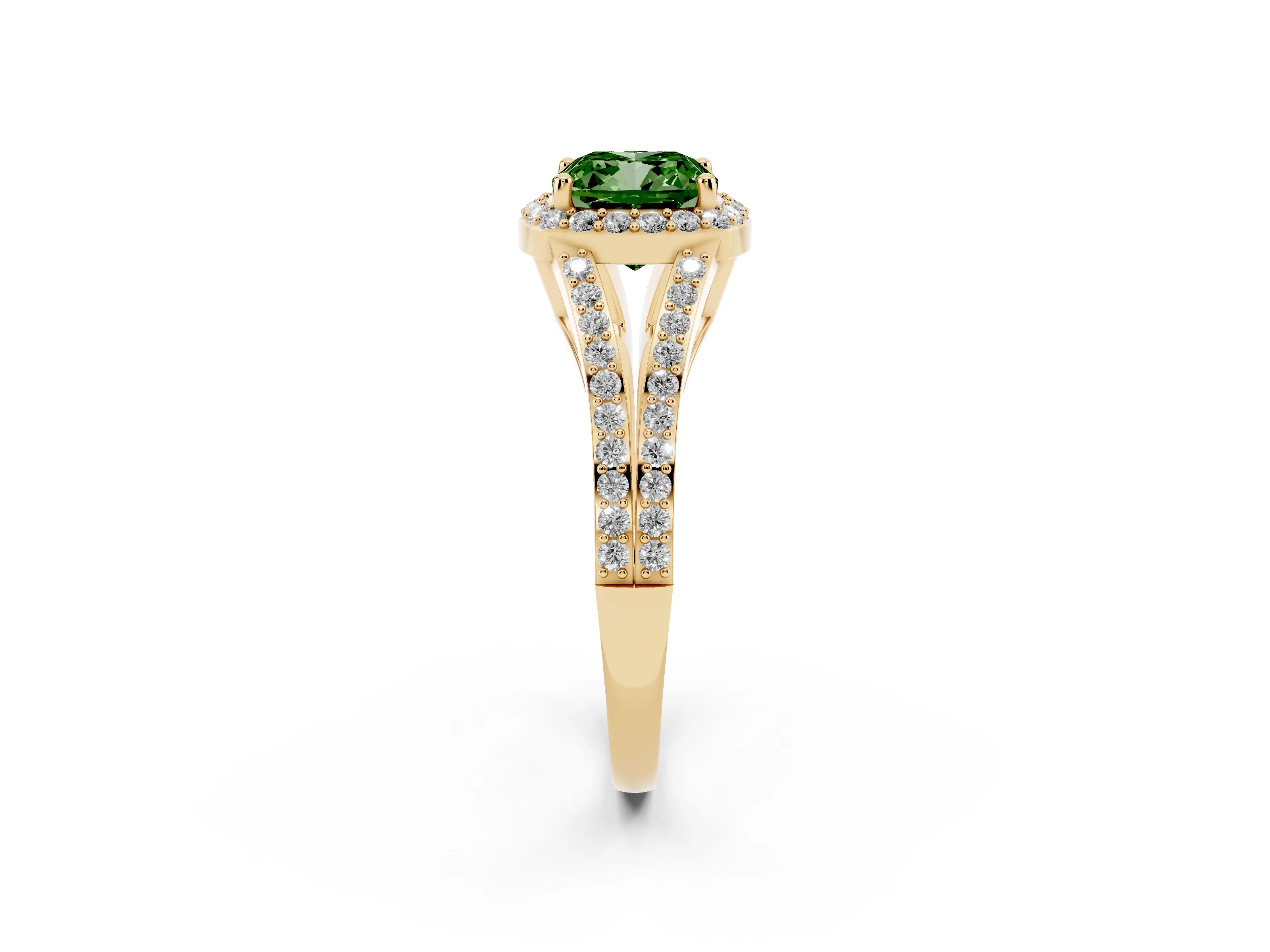 Fancy Green Cushion Cut Diamond Halo Split Shank Ring Set in Yellow gold with Accent Stones and Prong Setting