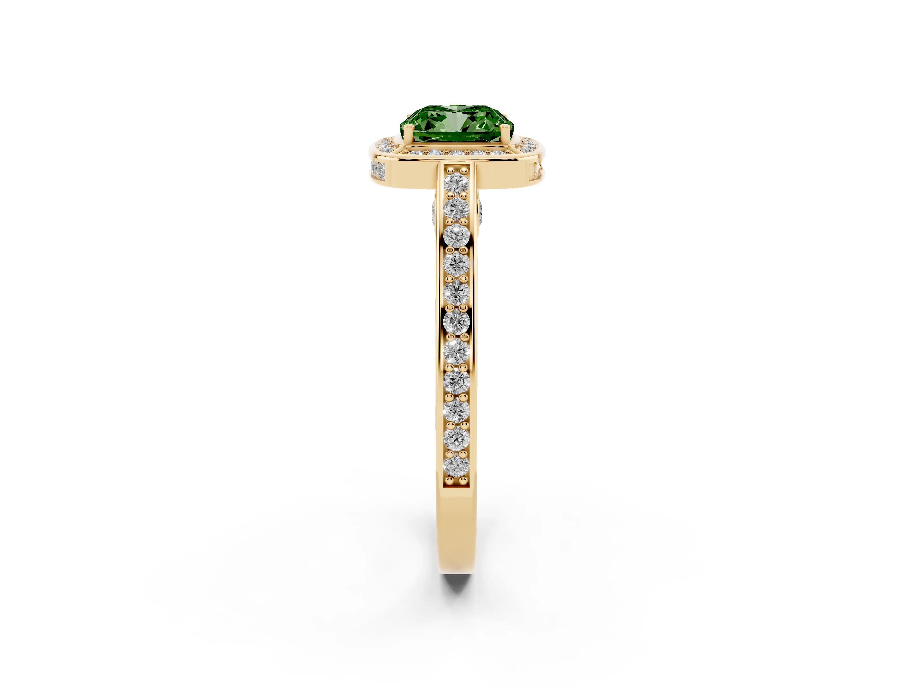 Fancy Green Cushion Cut Diamond Halo Pavé Split Shank Ring Set in Yellow gold with Prong Setting