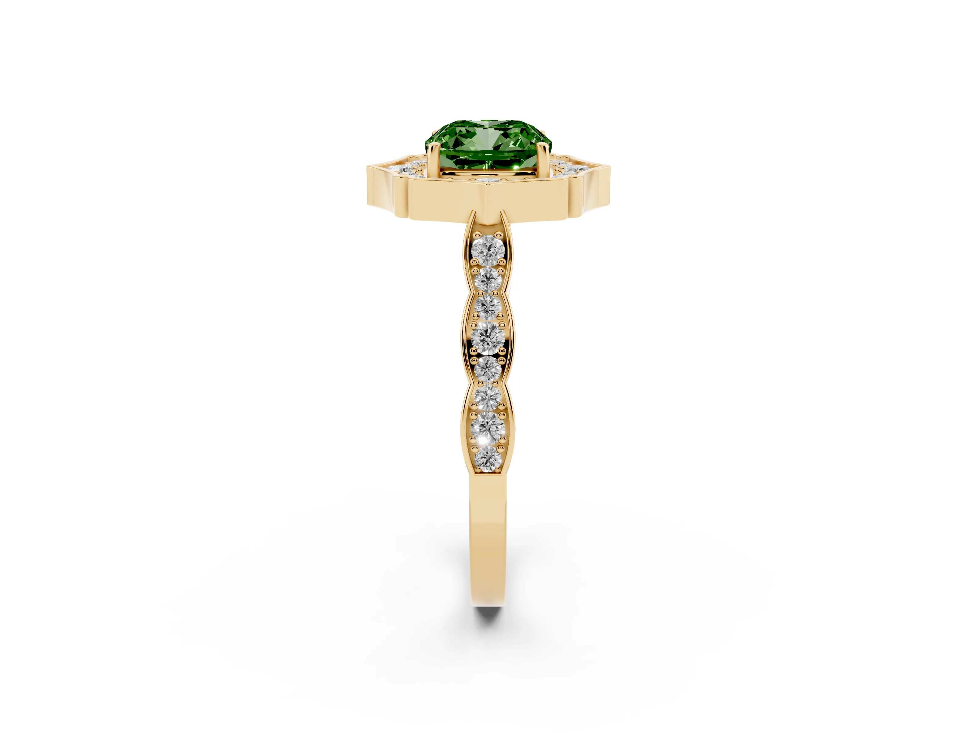 Fancy Green Cushion Cut Diamond Halo Engagement Ring Set in Yellow gold with Milgrain Band and Prong Setting